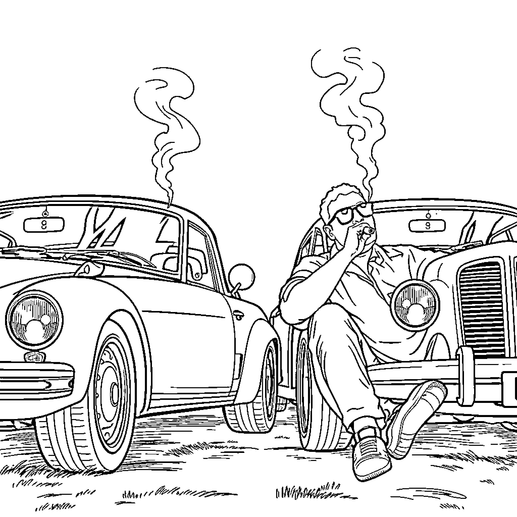 Car breakdown with a person smoking in distress Coloring Page (free black-and-white line drawing printable PDF for all, from beginners to advanced learners, including children, teens, adults, and seniors)