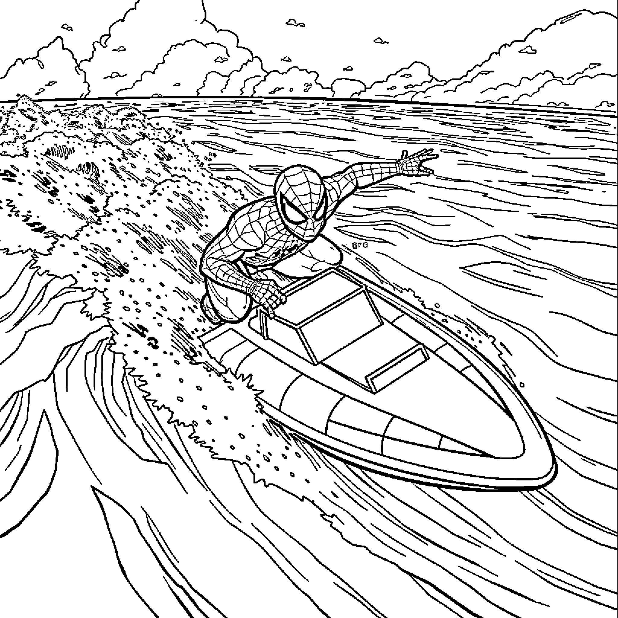 Spider-Man surfing the waves on a boat Coloring Page (free black-and-white line drawing printable PDF for all, from beginners to advanced learners, including children, teens, adults, and seniors)