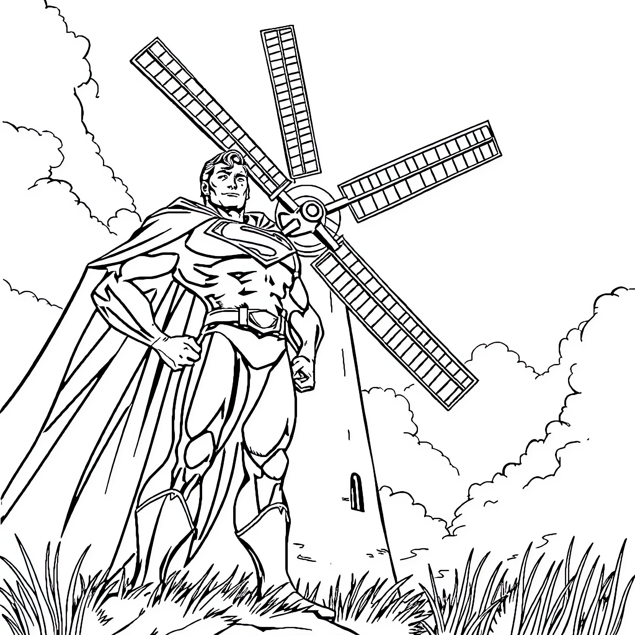 Superman standing heroically against a windmill backdrop Coloring Page (free black-and-white line drawing printable PDF for all, from beginners to advanced learners, including children, teens, adults, and seniors)