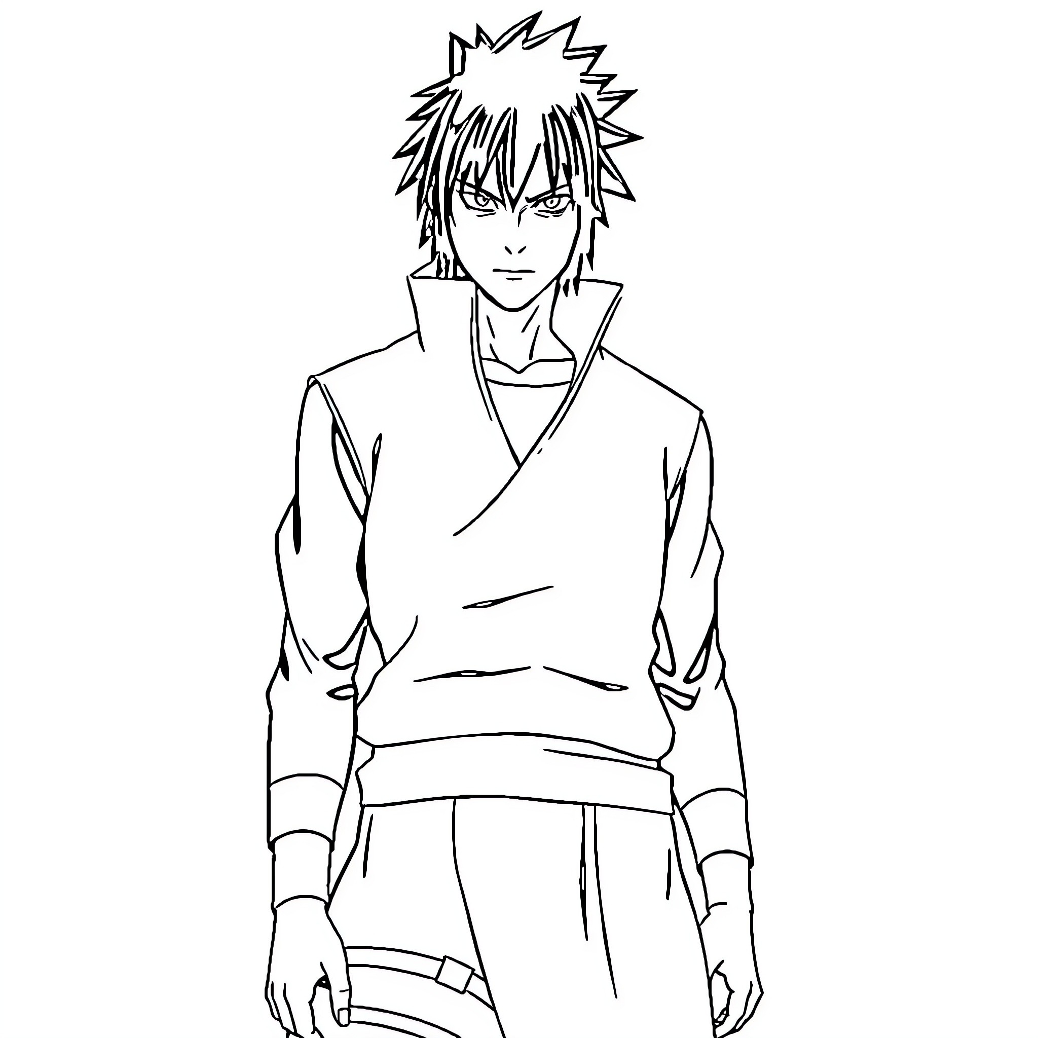 Sasuke in focused samurai attire Coloring Page (free black-and-white line drawing printable PDF for all, from beginners to advanced learners, including children, teens, adults, and seniors)