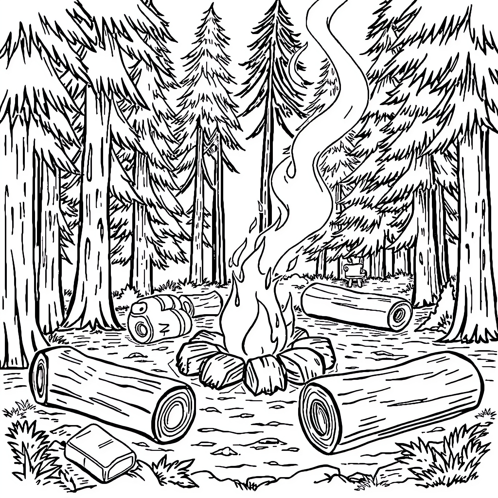 Campfire in the Serene Forest Coloring Page (free black-and-white line drawing printable PDF for all, from beginners to advanced learners, including children, teens, adults, and seniors)