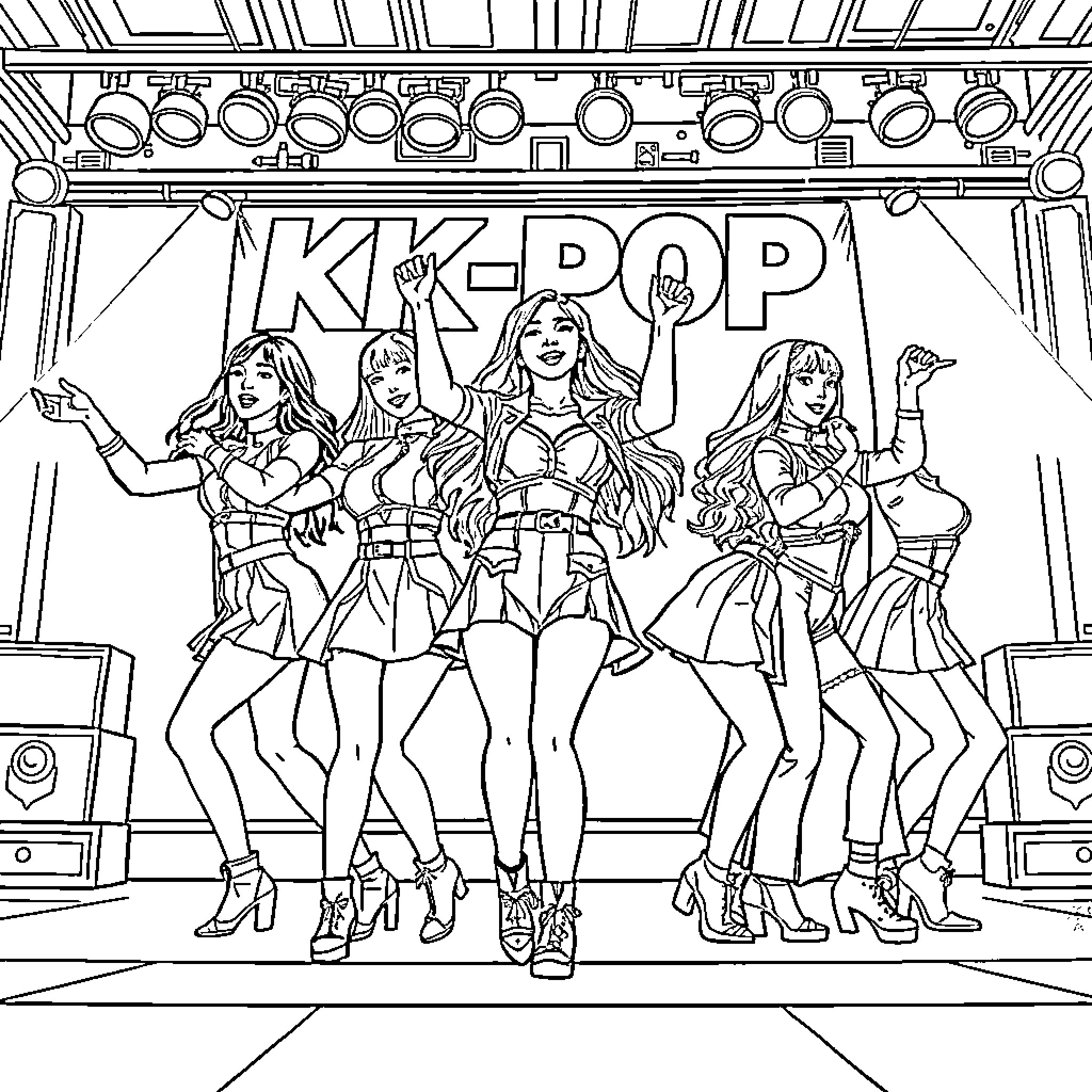 K-Pop Warriors Performing On Stage With Energetic Expressions Coloring Page (free black-and-white line drawing printable PDF for all, from beginners to advanced learners, including children, teens, adults, and seniors)