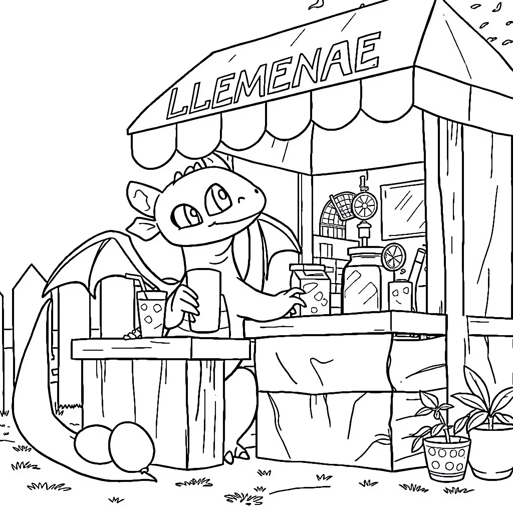 Toothless dragon running a lemonade stand Coloring Page (free black-and-white line drawing printable PDF for all, from beginners to advanced learners, including children, teens, adults, and seniors)