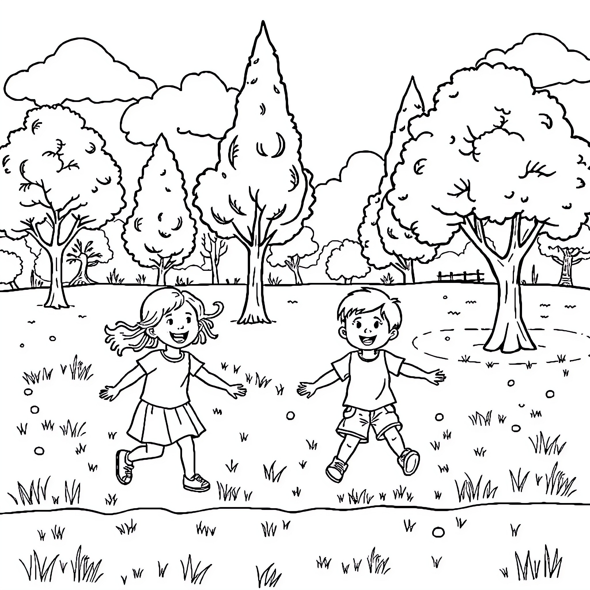 Kid playing happily in the park Coloring Page (free black-and-white line drawing printable PDF for all, from beginners to advanced learners, including children, teens, adults, and seniors)