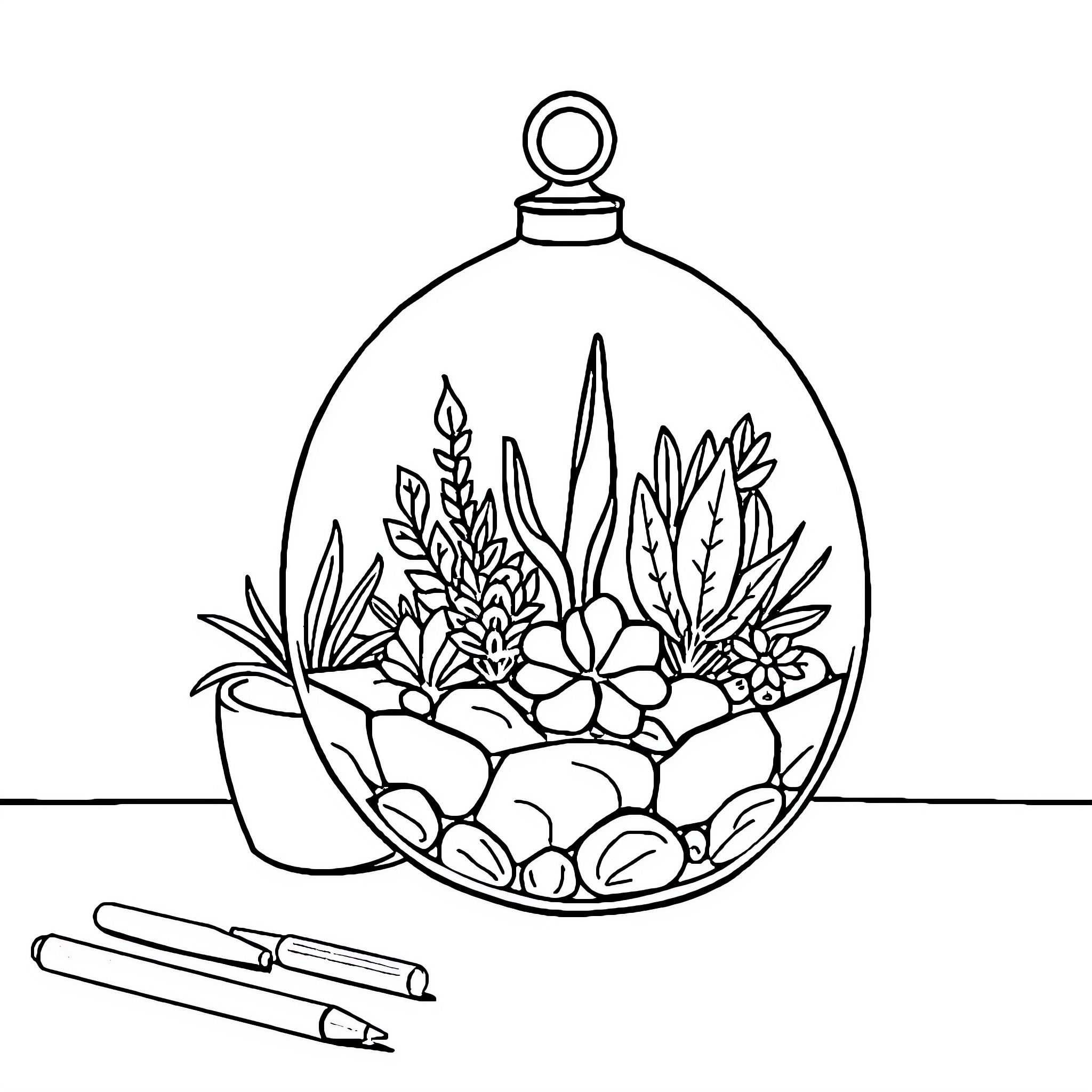 Terrarium with Decorative Plants Coloring Page (free black-and-white line drawing printable PDF for all, from beginners to advanced learners, including children, teens, adults, and seniors)