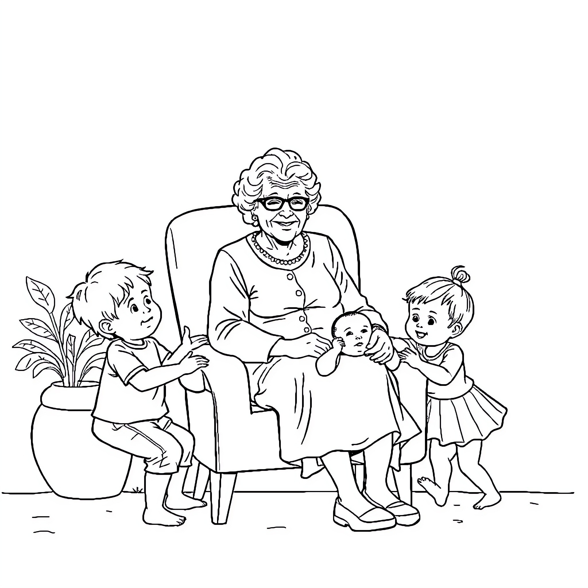 Grandmother sharing stories with grandchildren Coloring Page (free black-and-white line drawing printable PDF for all, from beginners to advanced learners, including children, teens, adults, and seniors)