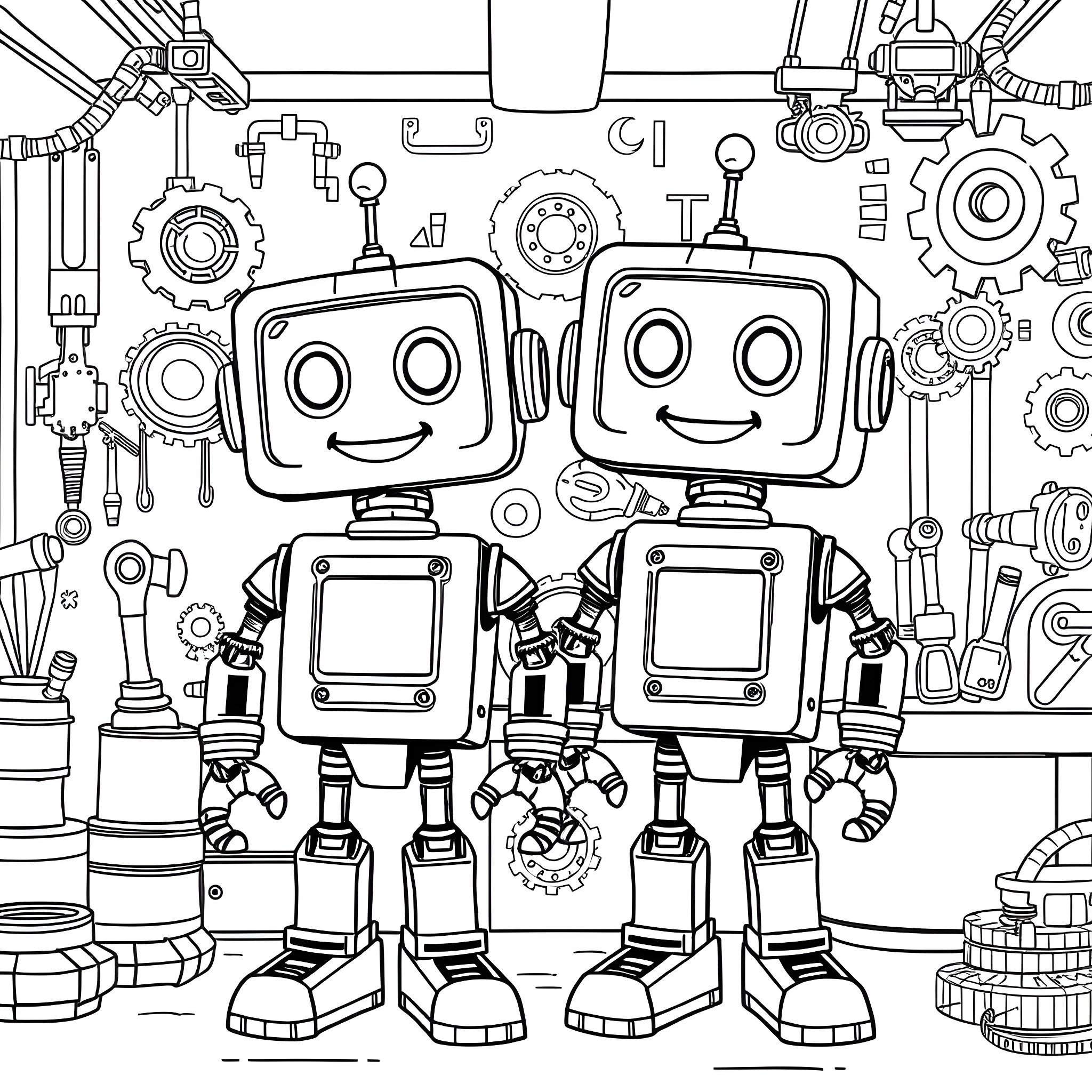 Robot Friends Exploring Mechanical Workshop Coloring Page (free black-and-white line drawing printable PDF for all, from beginners to advanced learners, including children, teens, adults, and seniors)