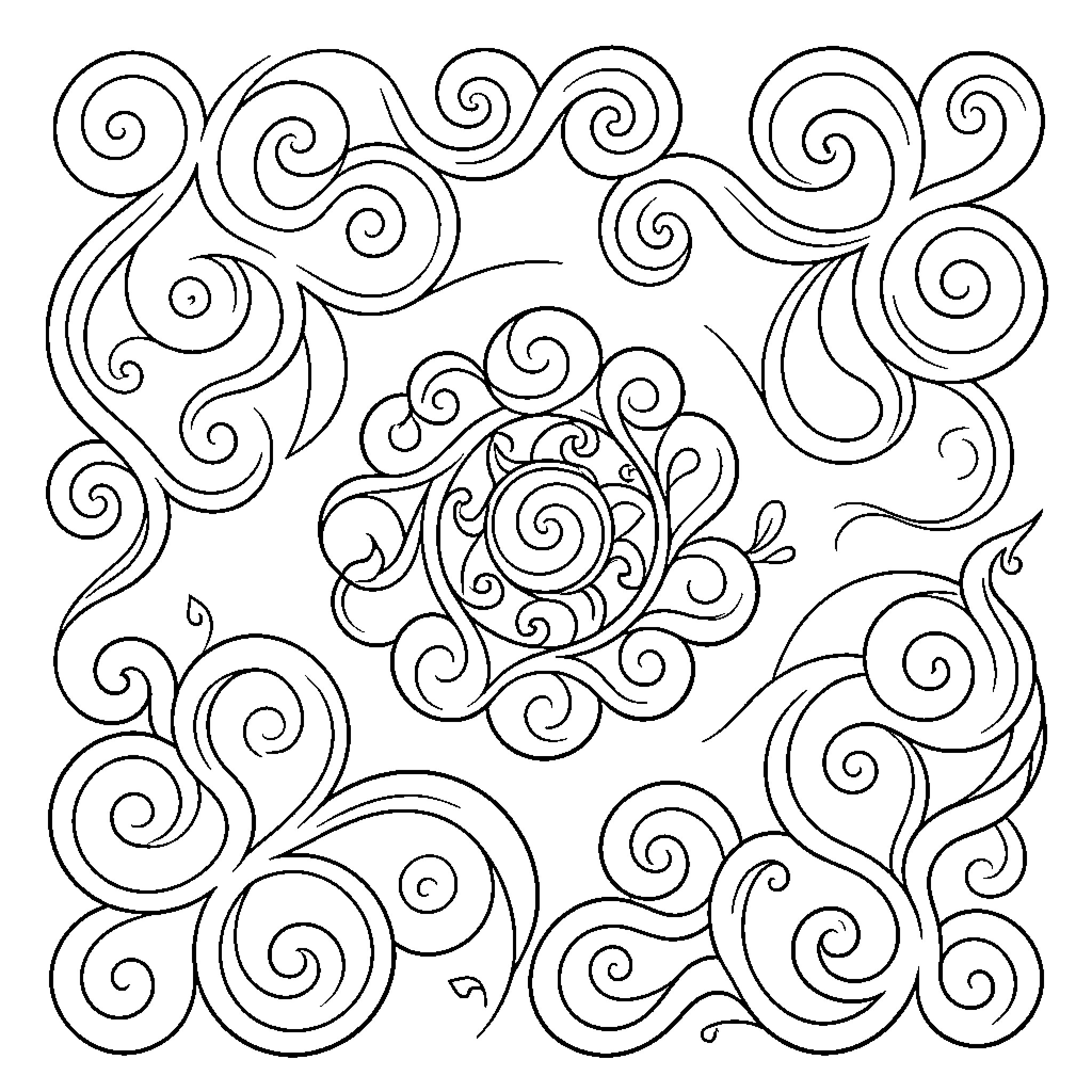Zen Tangle of Flowing Swirls and Patterns Coloring Page (free black-and-white line drawing printable PDF for all, from beginners to advanced learners, including children, teens, adults, and seniors)