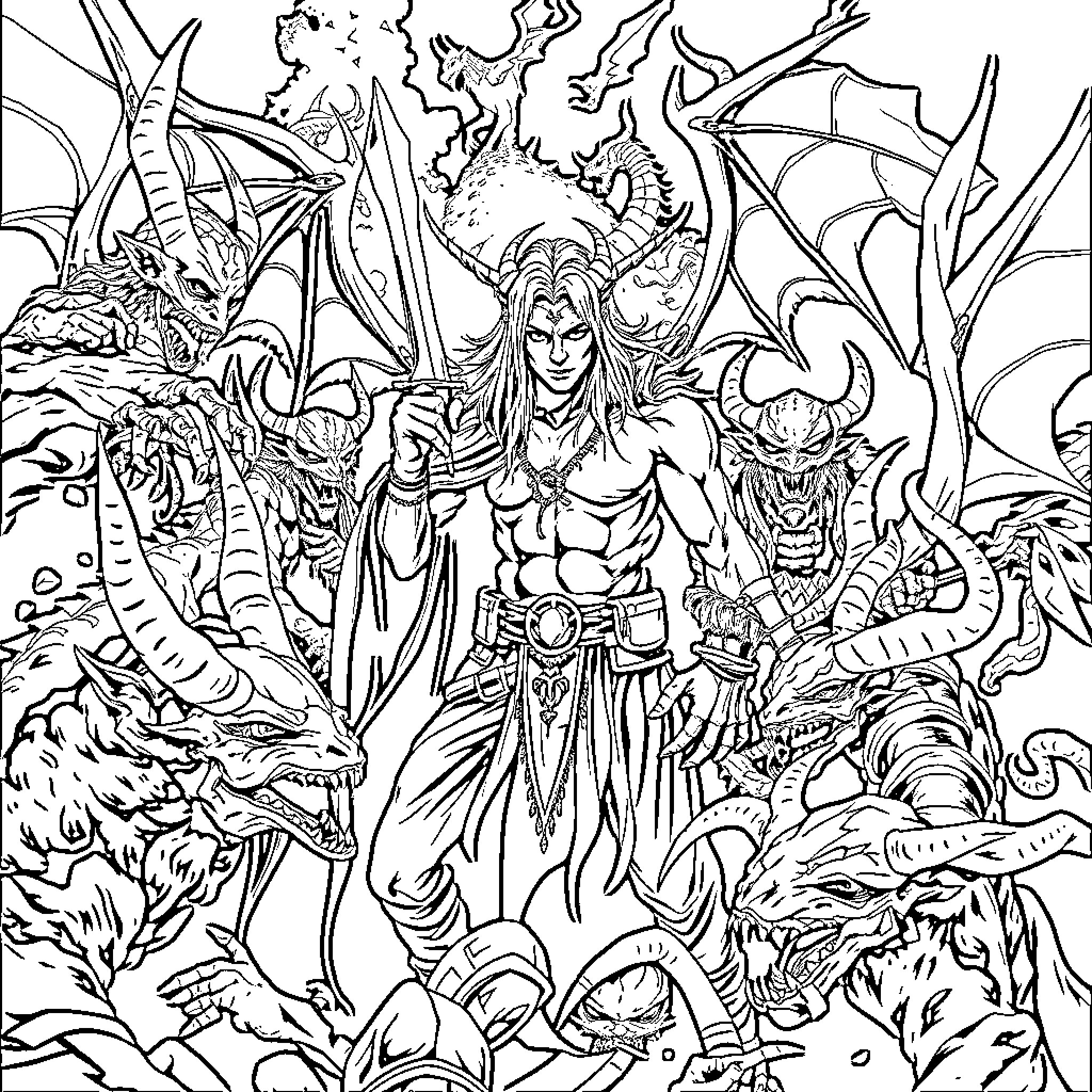 Huntrix's Fantastical Realm of Mythical Creatures Coloring Page (free black-and-white line drawing printable PDF for all, from beginners to advanced learners, including children, teens, adults, and seniors)