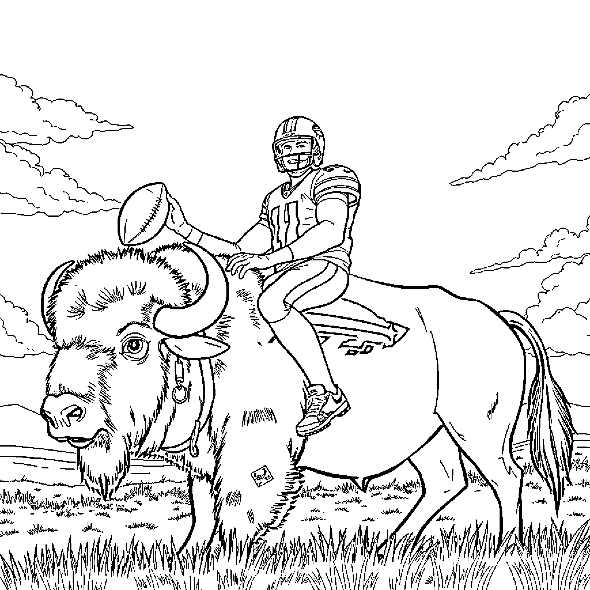 Buffalo rider in action on the field Coloring Page (free black-and-white line drawing printable PDF for all, from beginners to advanced learners, including children, teens, adults, and seniors)