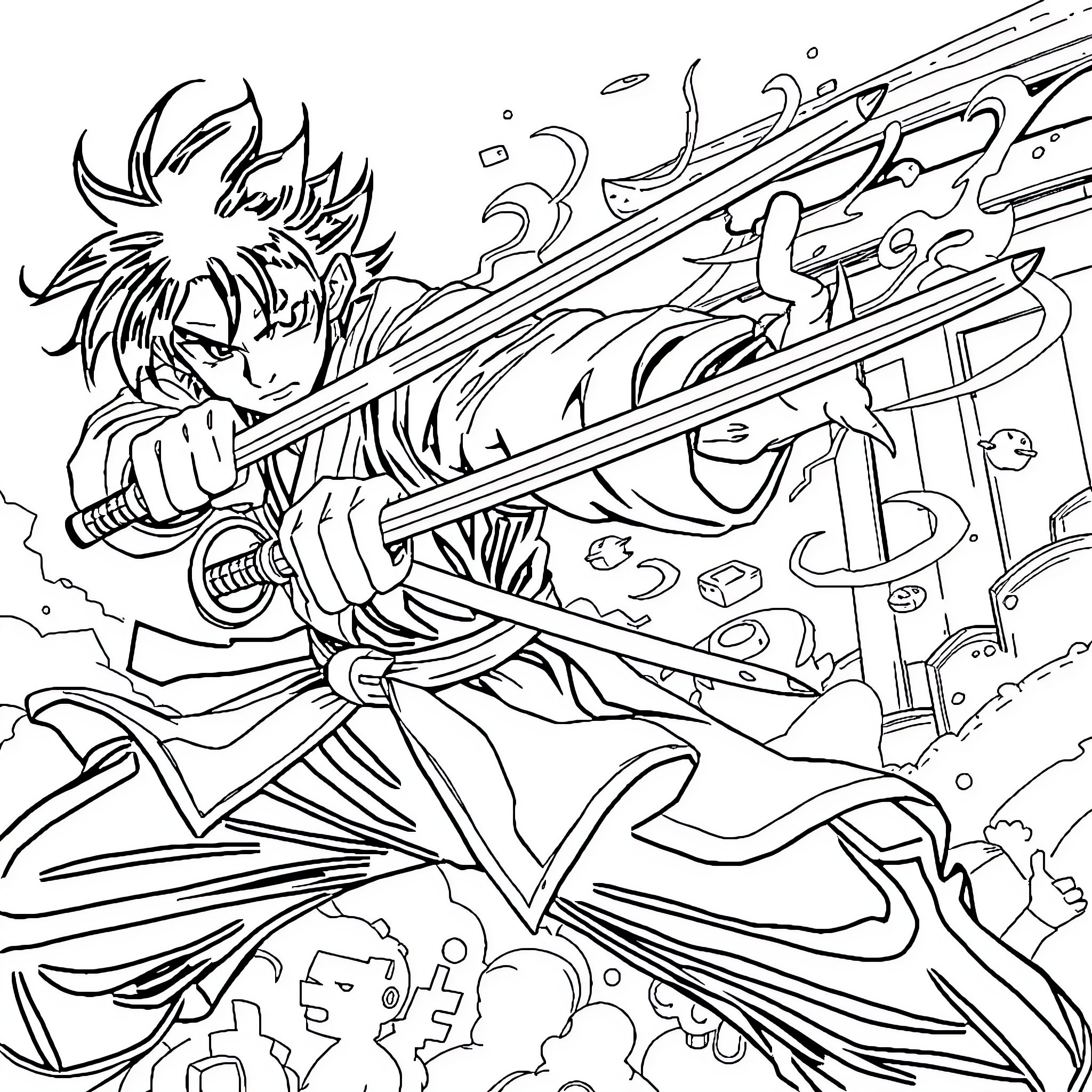 Gojo wielding powerful sword in epic battle scene Coloring Page (free black-and-white line drawing printable PDF for all, from beginners to advanced learners, including children, teens, adults, and seniors)