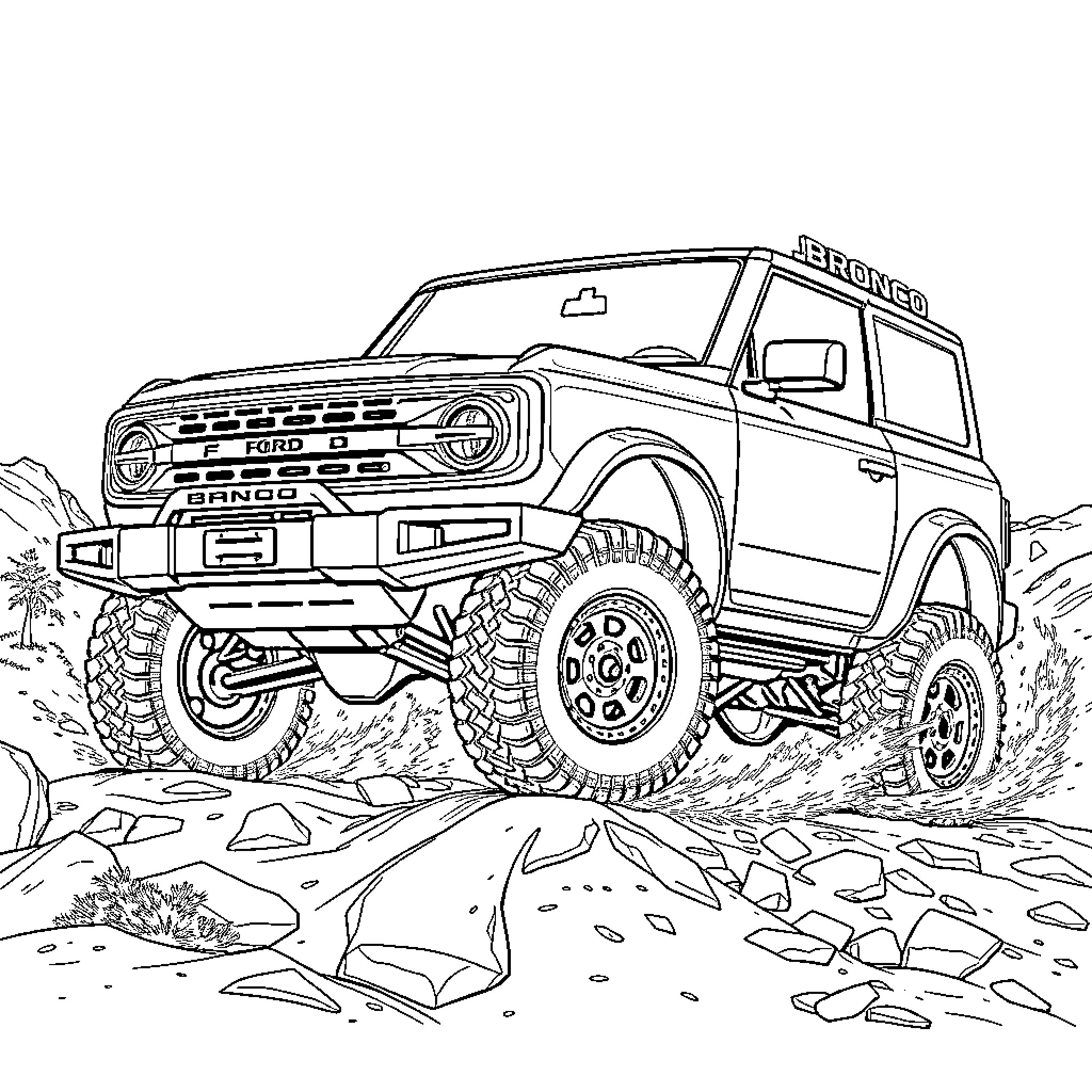 Ford Bronco off-road adventure in rugged terrain Coloring Page (free black-and-white line drawing printable PDF for all, from beginners to advanced learners, including children, teens, adults, and seniors)