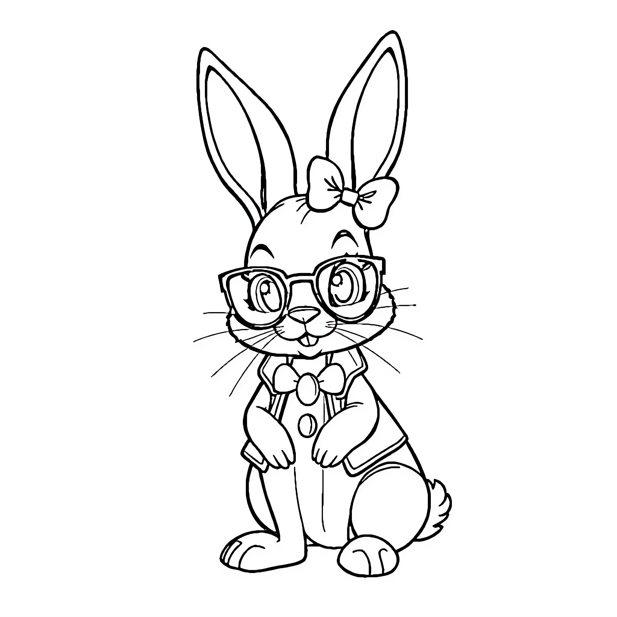Lola the Bunny in Glasses and Bowtie Coloring Page (free black-and-white line drawing printable PDF for all, from beginners to advanced learners, including children, teens, adults, and seniors)