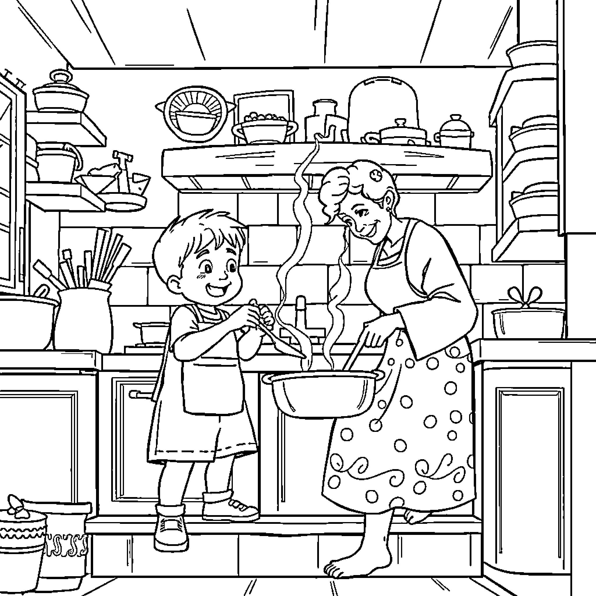 Boy helping grandmother in the kitchen Coloring Page (free black-and-white line drawing printable PDF for all, from beginners to advanced learners, including children, teens, adults, and seniors)