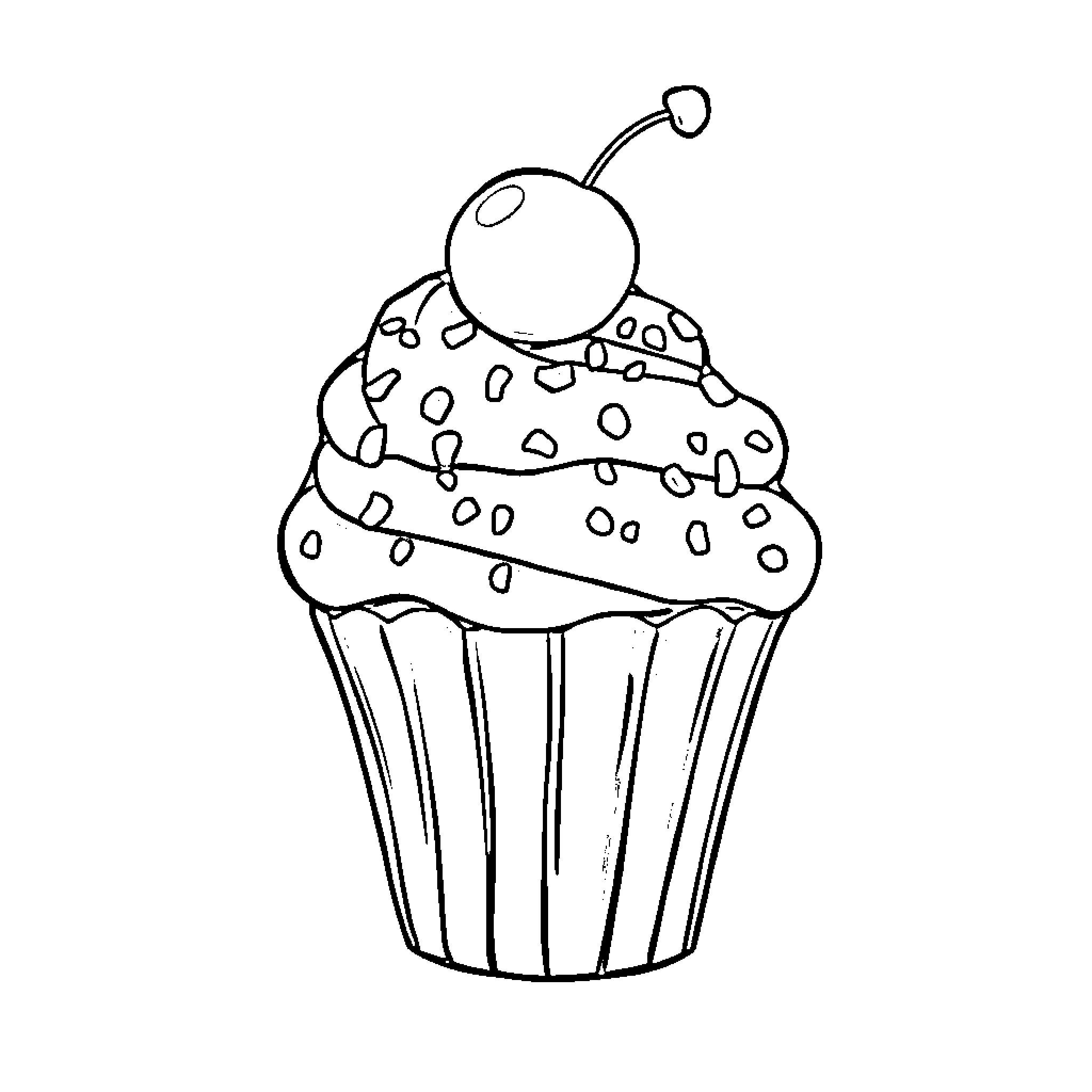 Cupcake with a cherry on top Coloring Page (free black-and-white line drawing printable PDF for all, from beginners to advanced learners, including children, teens, adults, and seniors)