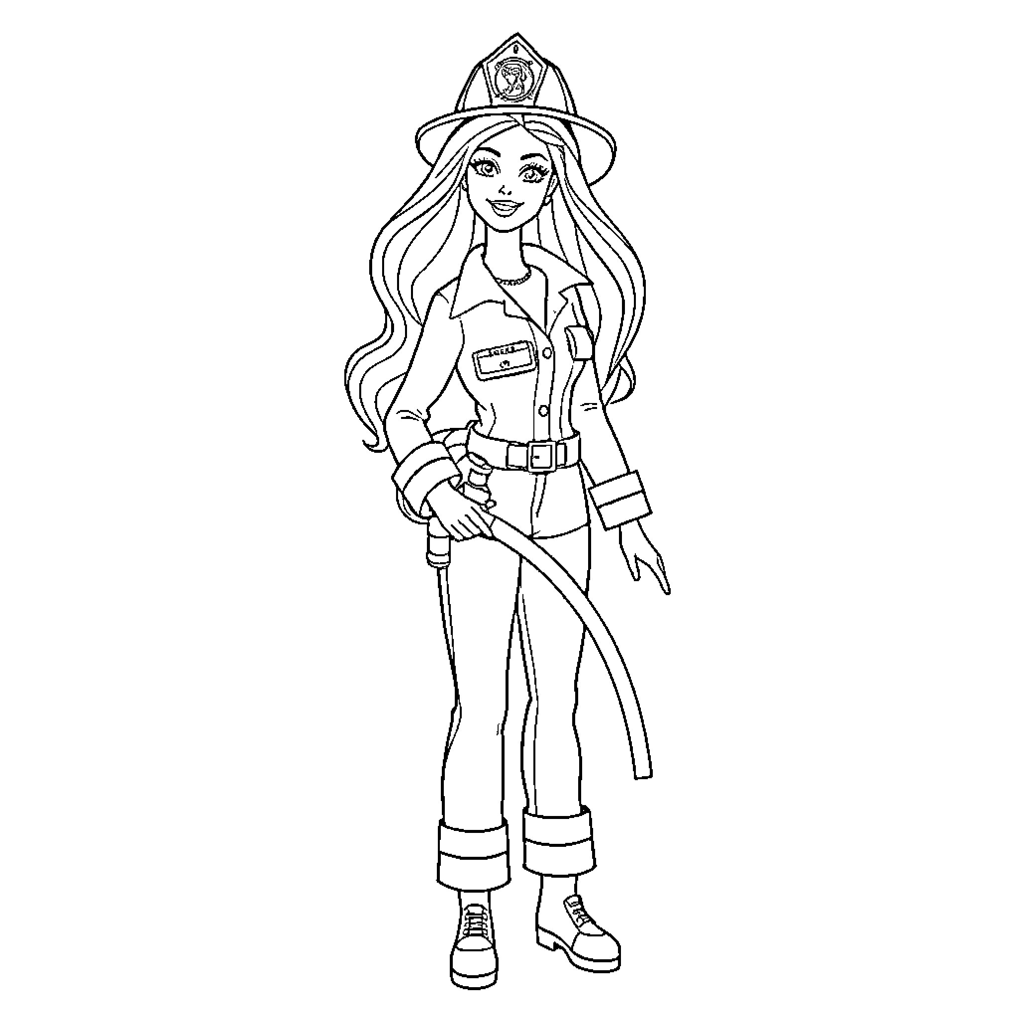 Barbie as a Firefighter with Uniform and Gear Coloring Page (free black-and-white line drawing printable PDF for all, from beginners to advanced learners, including children, teens, adults, and seniors)
