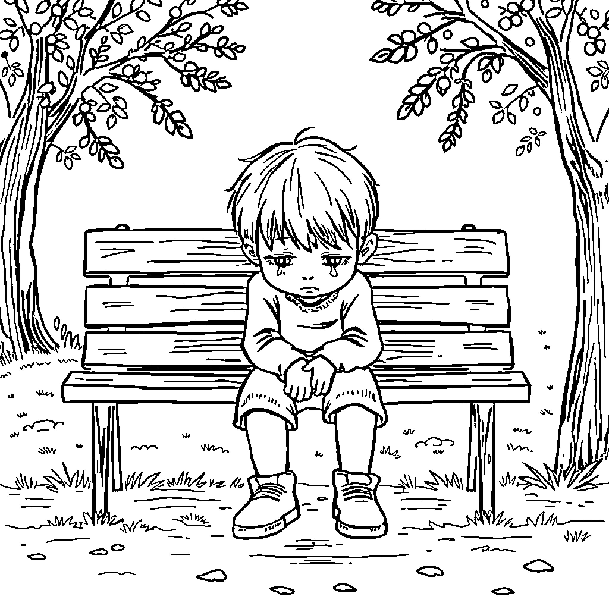 Child sitting alone on a bench in the park Coloring Page (free black-and-white line drawing printable PDF for all, from beginners to advanced learners, including children, teens, adults, and seniors)