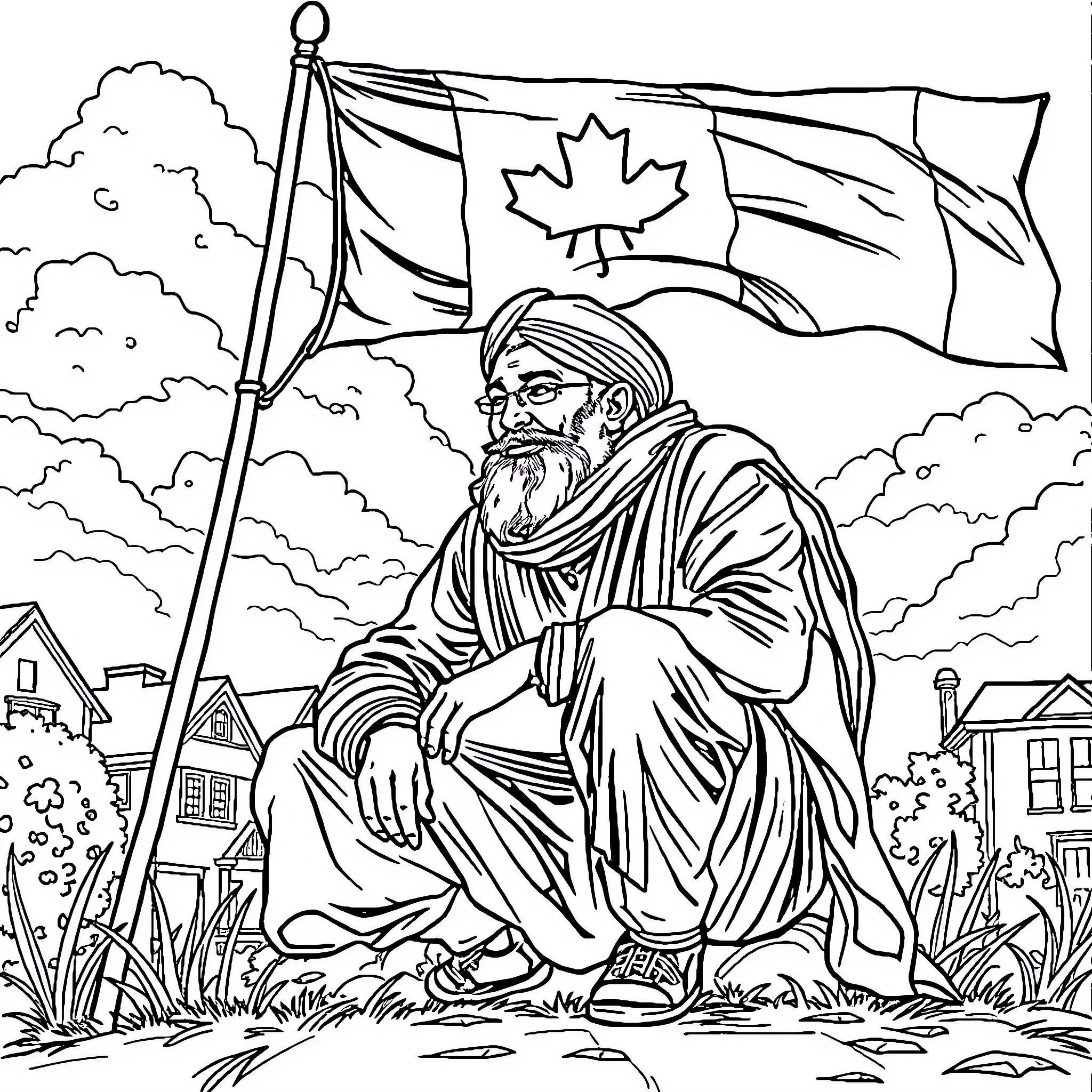 Indian man holding Canadian flag in rural setting Coloring Page (free black-and-white line drawing printable PDF for all, from beginners to advanced learners, including children, teens, adults, and seniors)