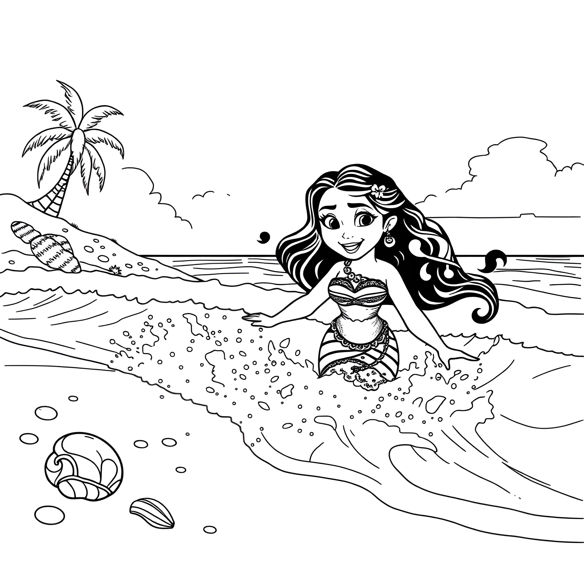 Moana enjoying the tropical beach scene Coloring Page (free black-and-white line drawing printable PDF for all, from beginners to advanced learners, including children, teens, adults, and seniors)