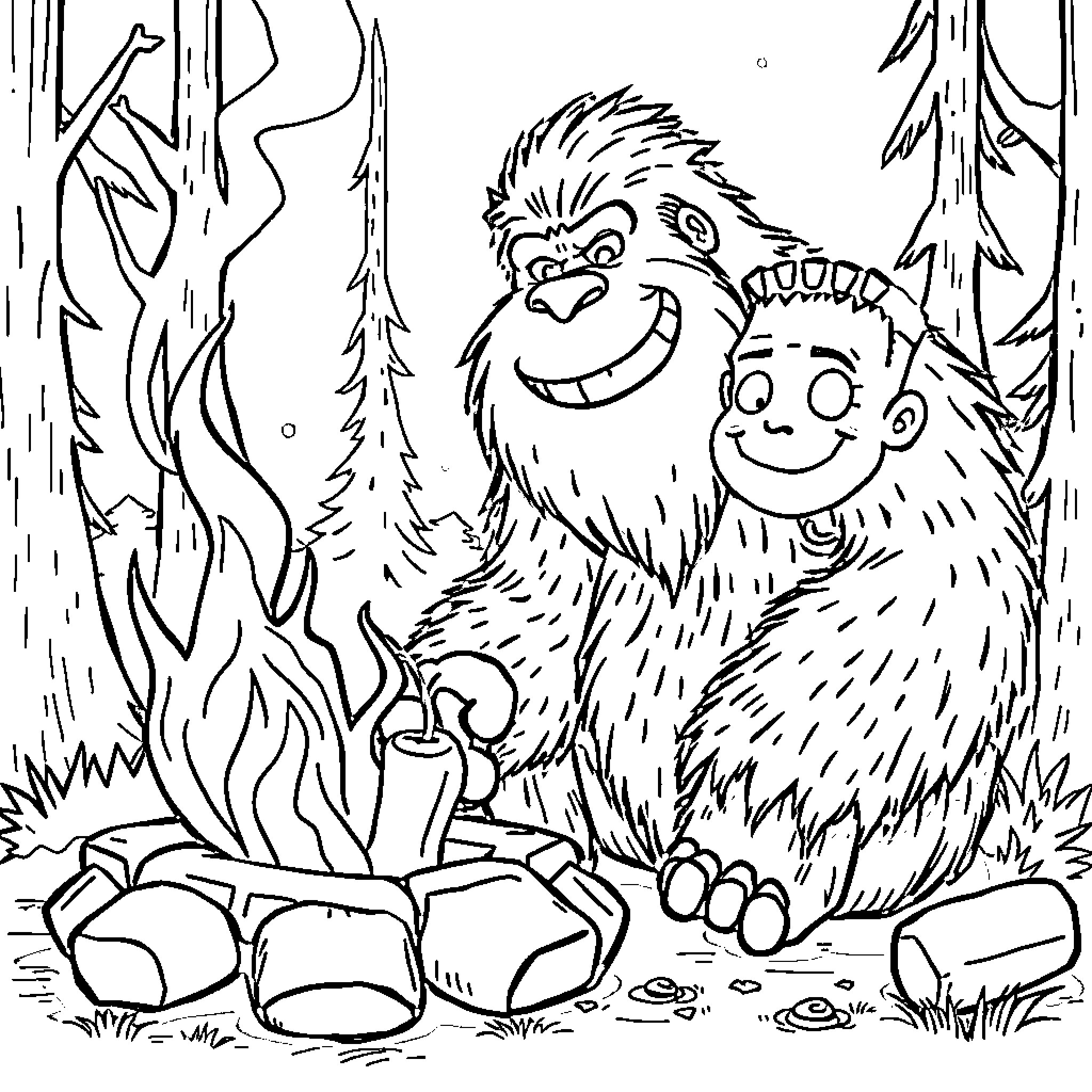 Bigfoot and Child Explore the Mysterious Forest Coloring Page (free black-and-white line drawing printable PDF for all, from beginners to advanced learners, including children, teens, adults, and seniors)