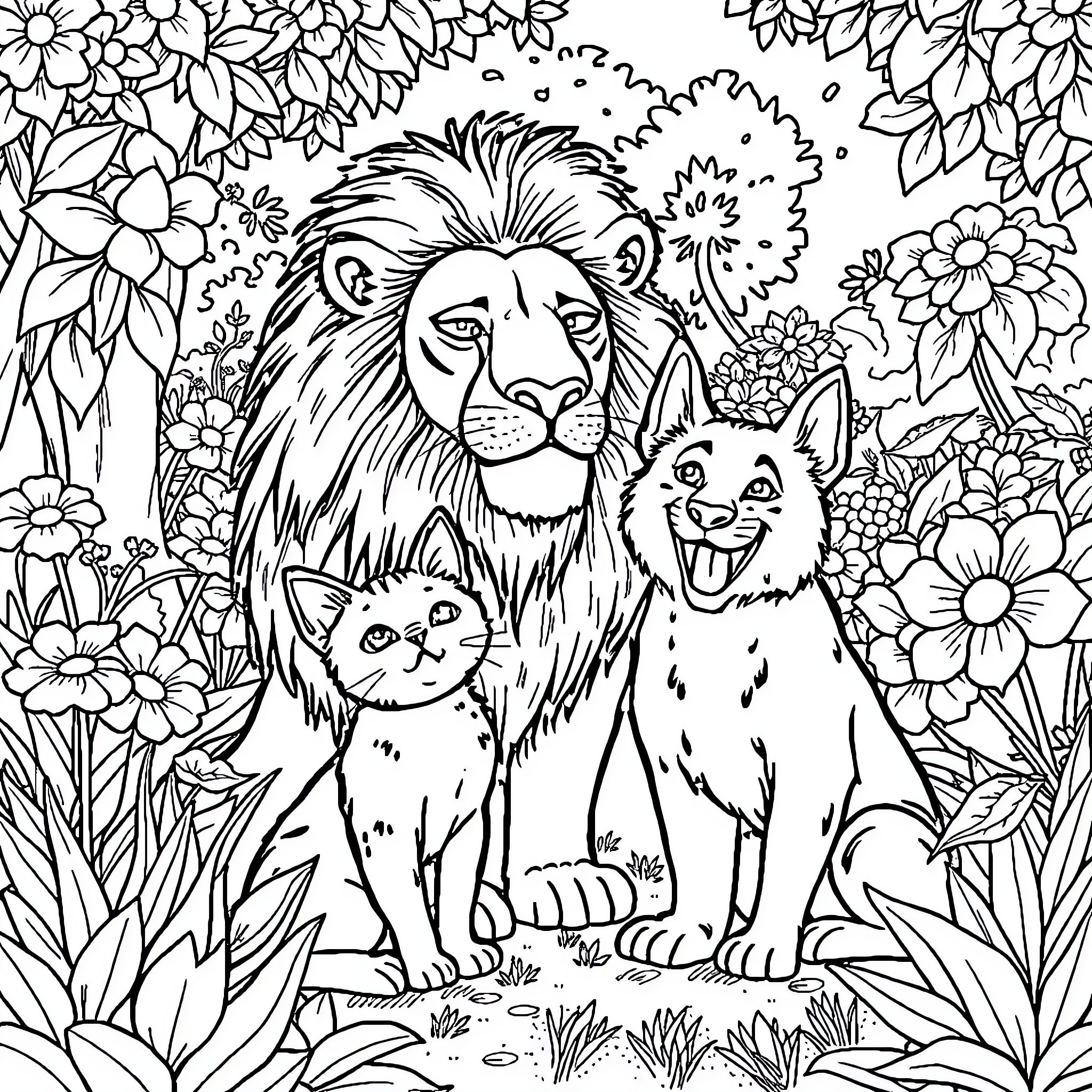 Lion and playful companions in lush garden Coloring Page (free black-and-white line drawing printable PDF for all, from beginners to advanced learners, including children, teens, adults, and seniors)