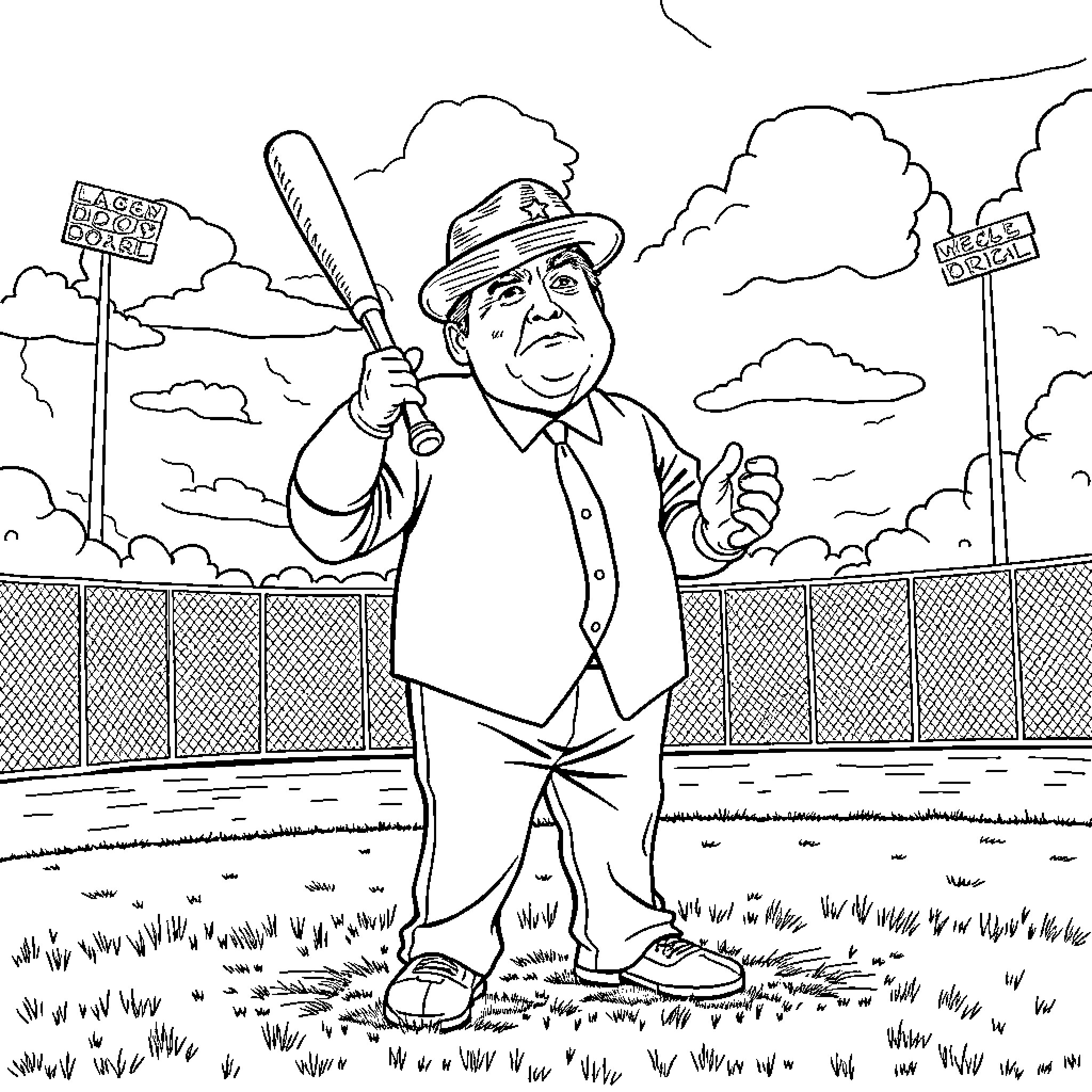Trump Playing Baseball in Cartoon Style Coloring Page (free black-and-white line drawing printable PDF for all, from beginners to advanced learners, including children, teens, adults, and seniors)