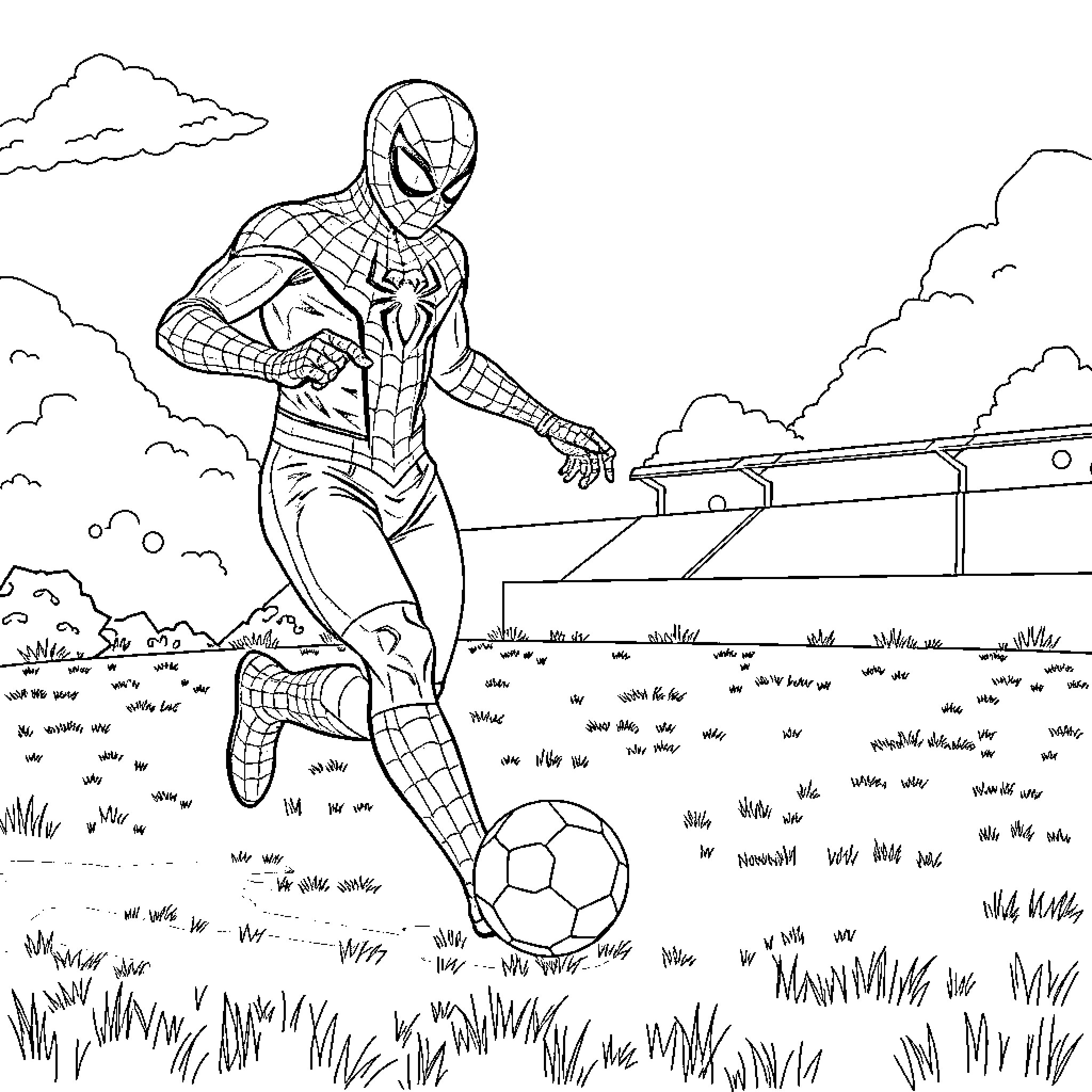 Spiderman playing soccer on a field Coloring Page (free black-and-white line drawing printable PDF for all, from beginners to advanced learners, including children, teens, adults, and seniors)