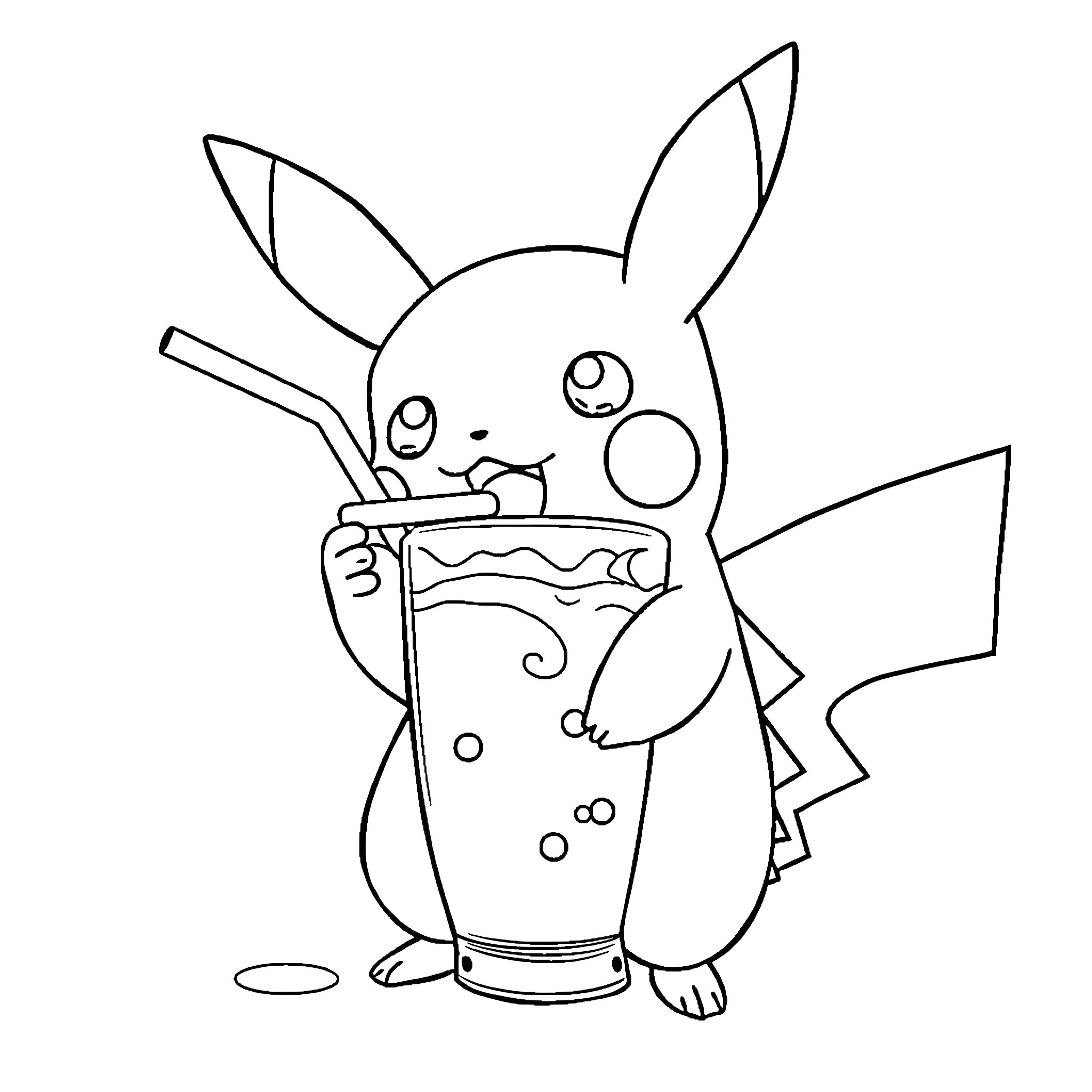 Pikachu enjoying a refreshing drink Coloring Page (free black-and-white line drawing printable PDF for all, from beginners to advanced learners, including children, teens, adults, and seniors)