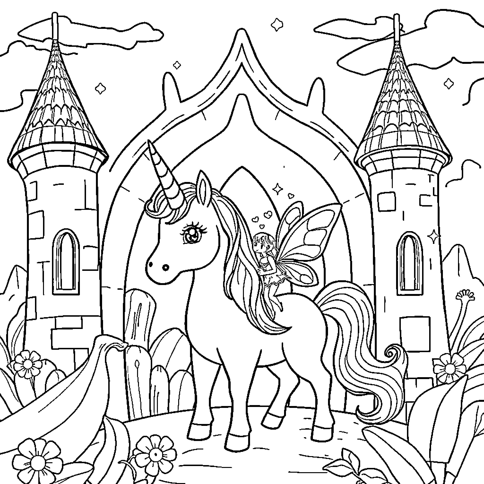 Unicorn in a magical kingdom Coloring Page (free black-and-white line drawing printable PDF for all, from beginners to advanced learners, including children, teens, adults, and seniors)