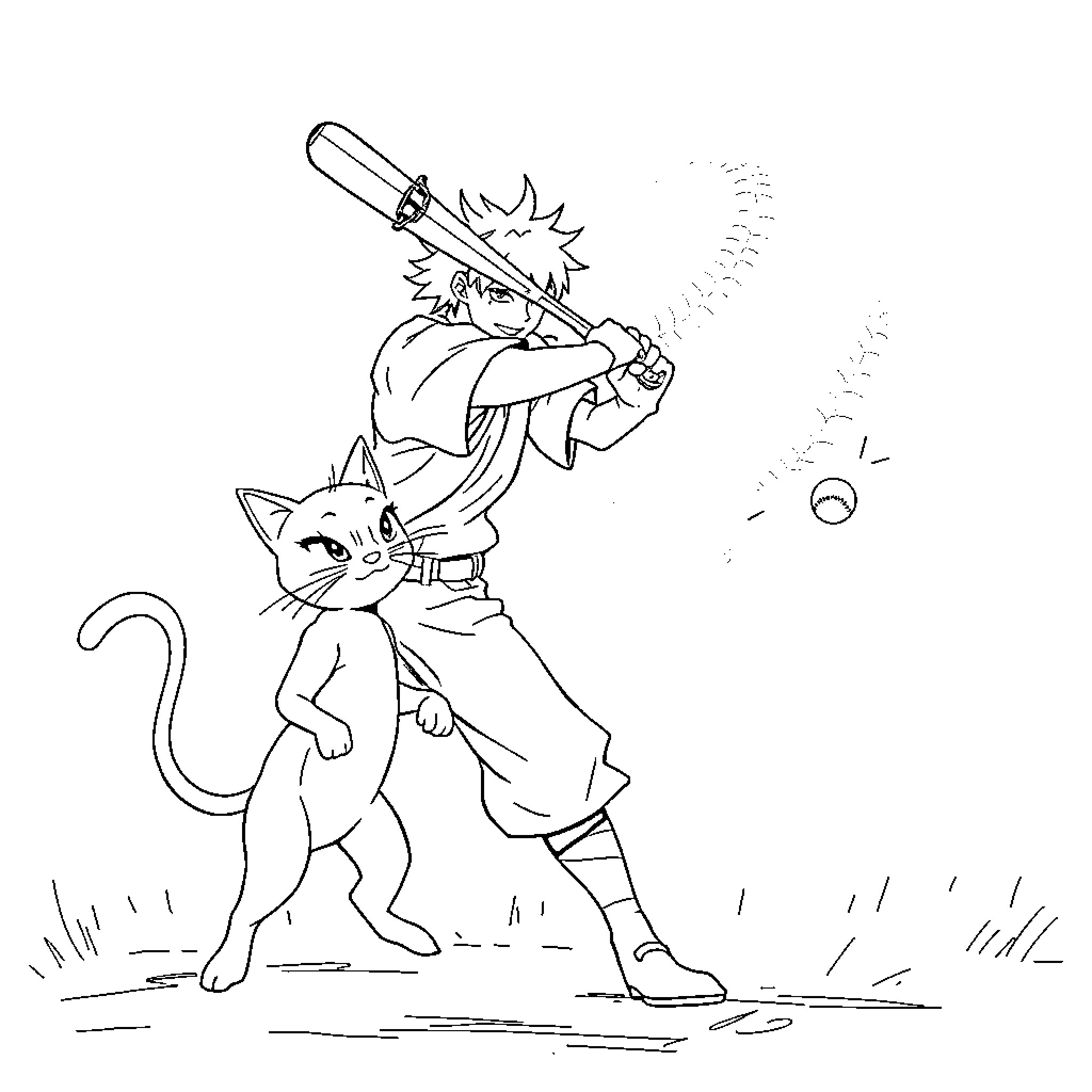 Sun Wukong fighting playfully with a cat Coloring Page (free black-and-white line drawing printable PDF for all, from beginners to advanced learners, including children, teens, adults, and seniors)