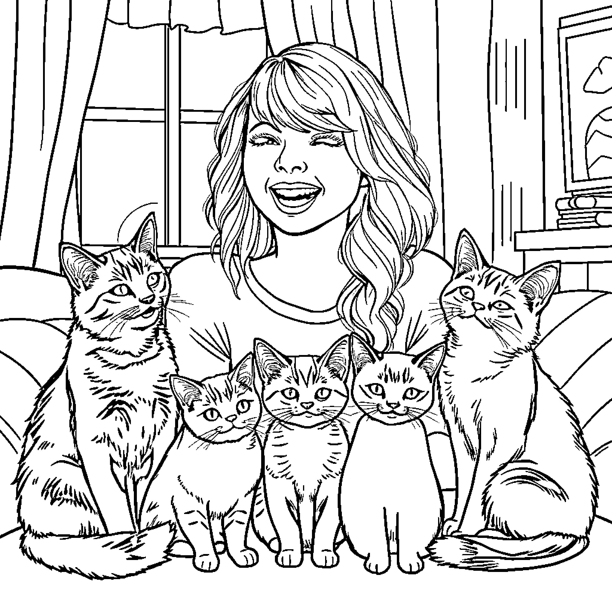 Taylor Swift poses with adorable kittens in her home Coloring Page (free black-and-white line drawing printable PDF for all, from beginners to advanced learners, including children, teens, adults, and seniors)