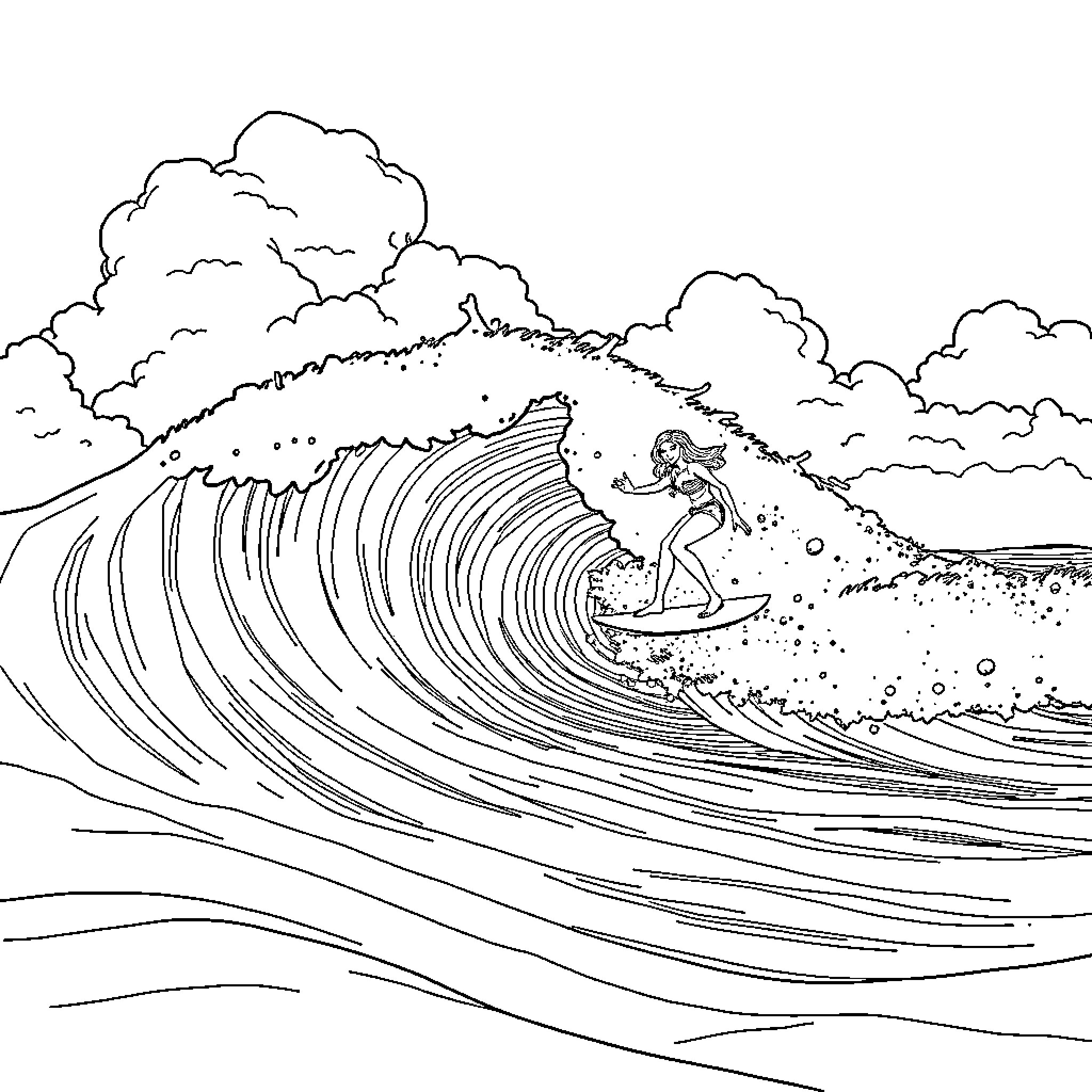 Vaiana riding a massive ocean wave Coloring Page (free black-and-white line drawing printable PDF for all, from beginners to advanced learners, including children, teens, adults, and seniors)