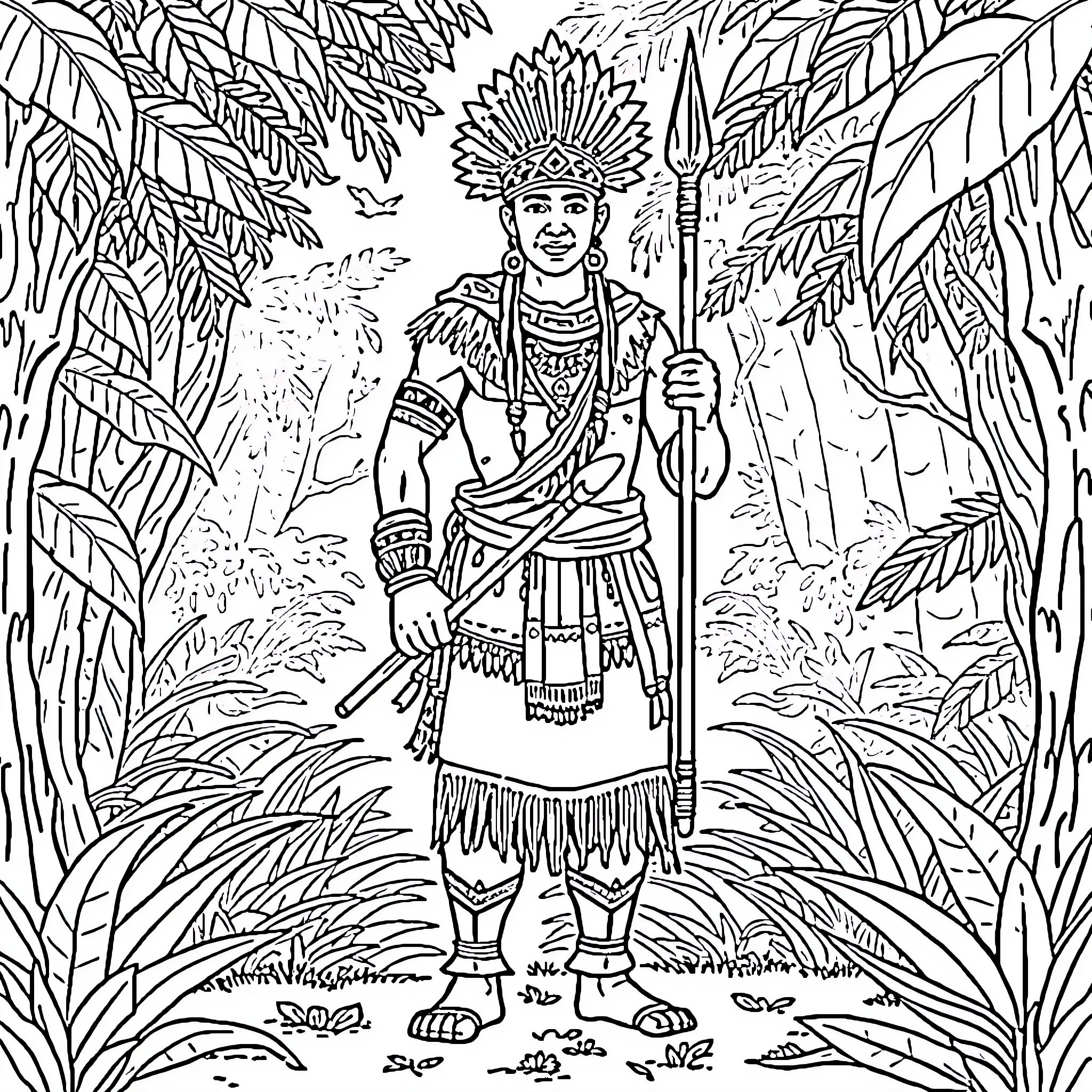 Indio Lempira standing amidst tropical foliage Coloring Page (free black-and-white line drawing printable PDF for all, from beginners to advanced learners, including children, teens, adults, and seniors)