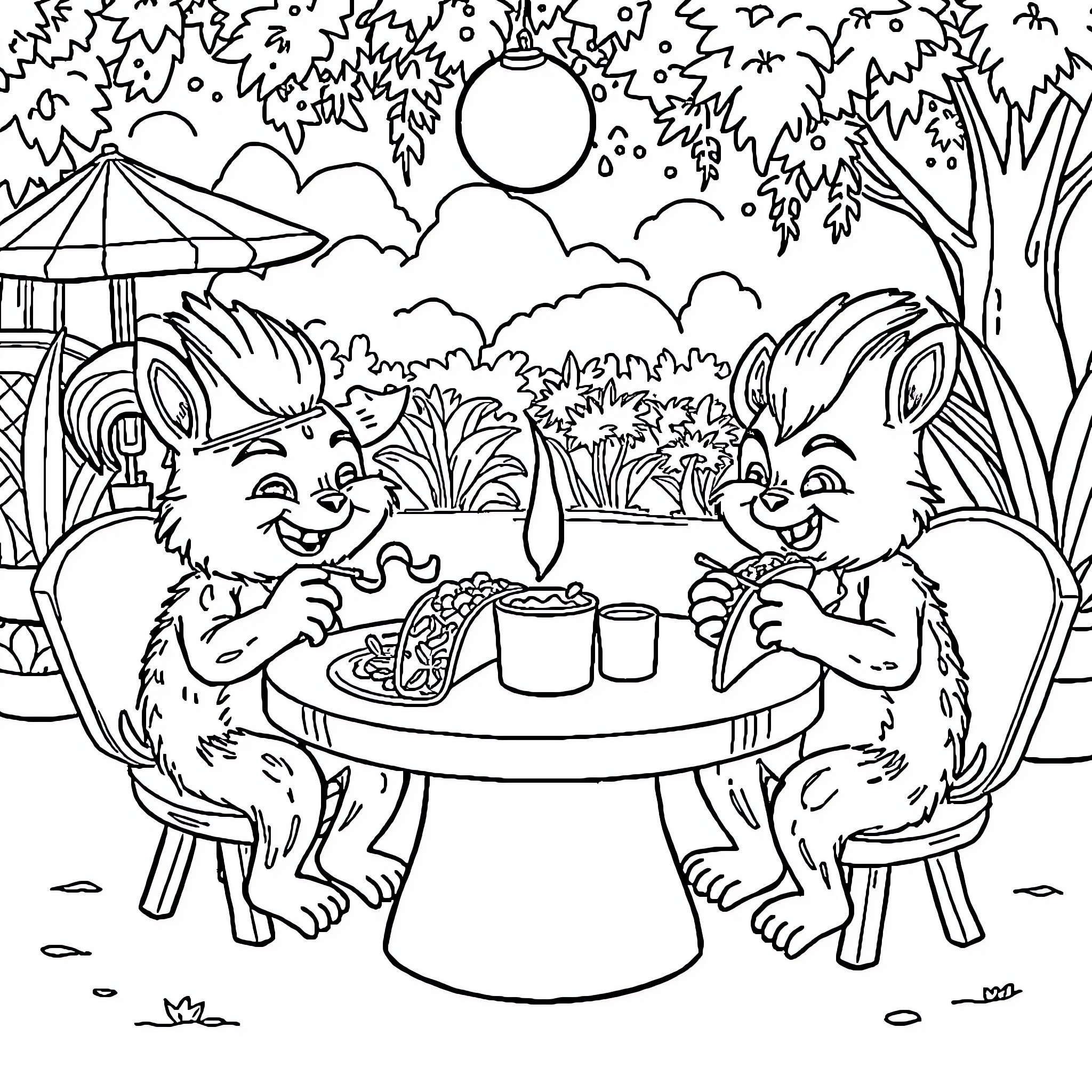 Sprunkie's Picnic in the Magical Forest Coloring Page (free black-and-white line drawing printable PDF for all, from beginners to advanced learners, including children, teens, adults, and seniors)