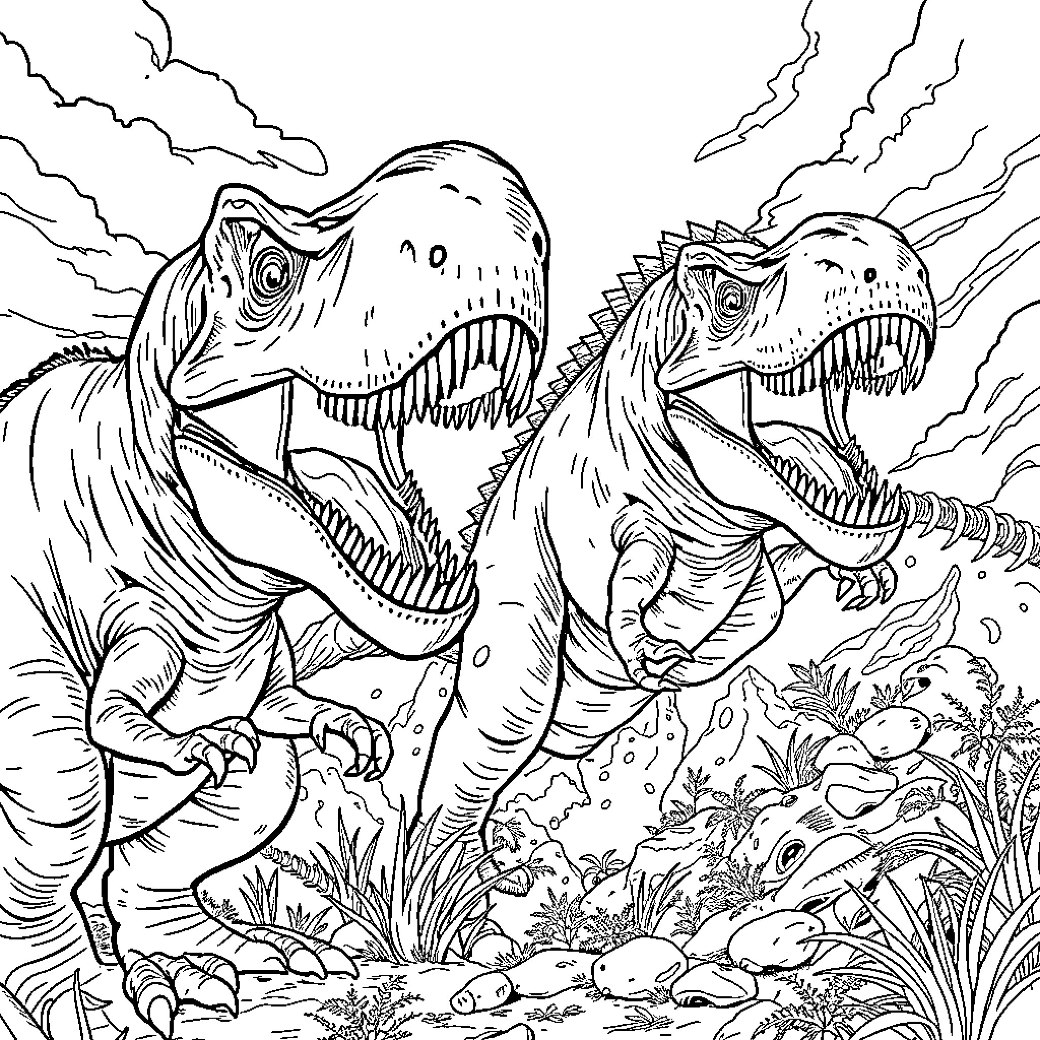 T-Rex Dinosaurs Roaring in the Prehistoric Landscape Coloring Page (free black-and-white line drawing printable PDF for all, from beginners to advanced learners, including children, teens, adults, and seniors)