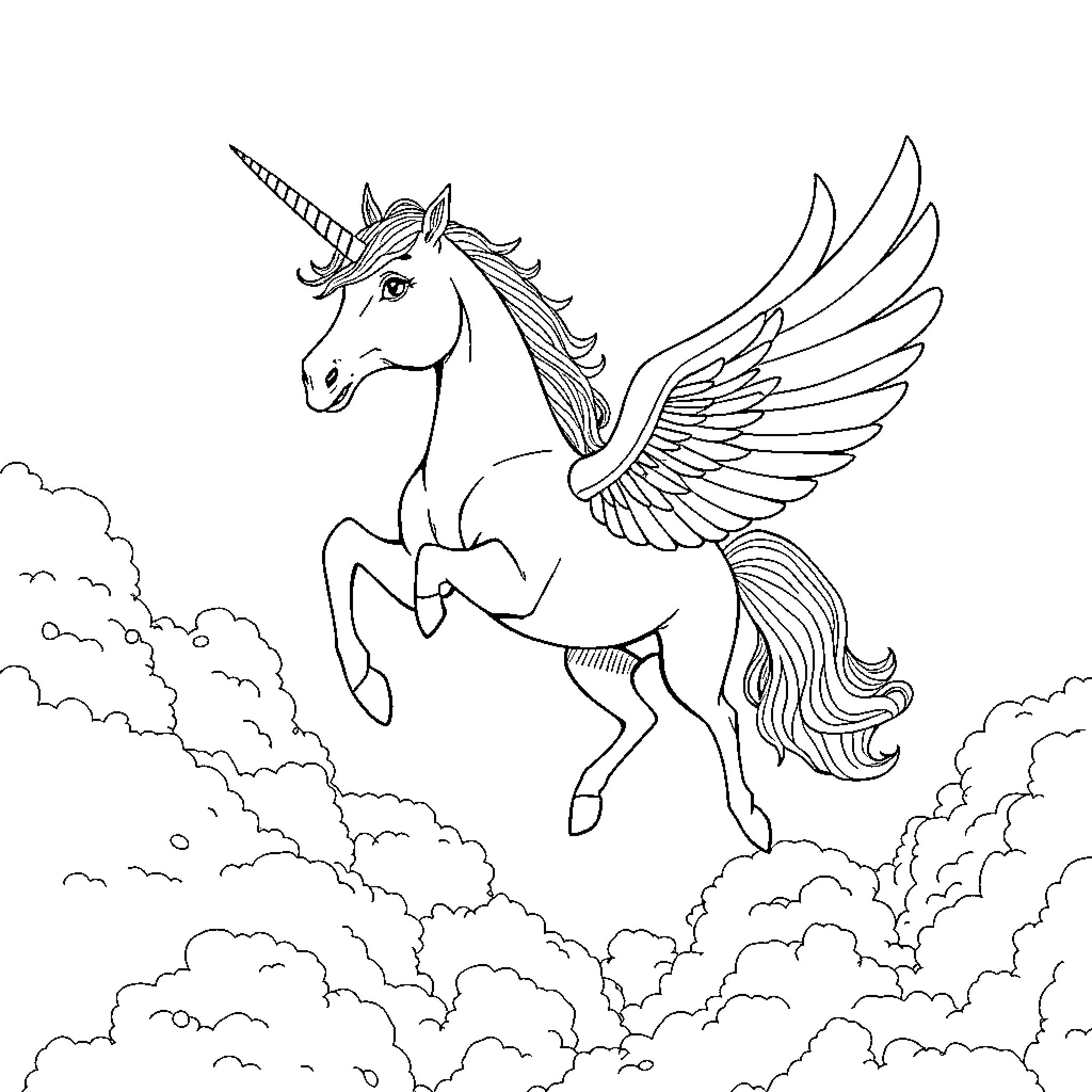 Unicorn soaring majestically through the clouds Coloring Page (free black-and-white line drawing printable PDF for all, from beginners to advanced learners, including children, teens, adults, and seniors)