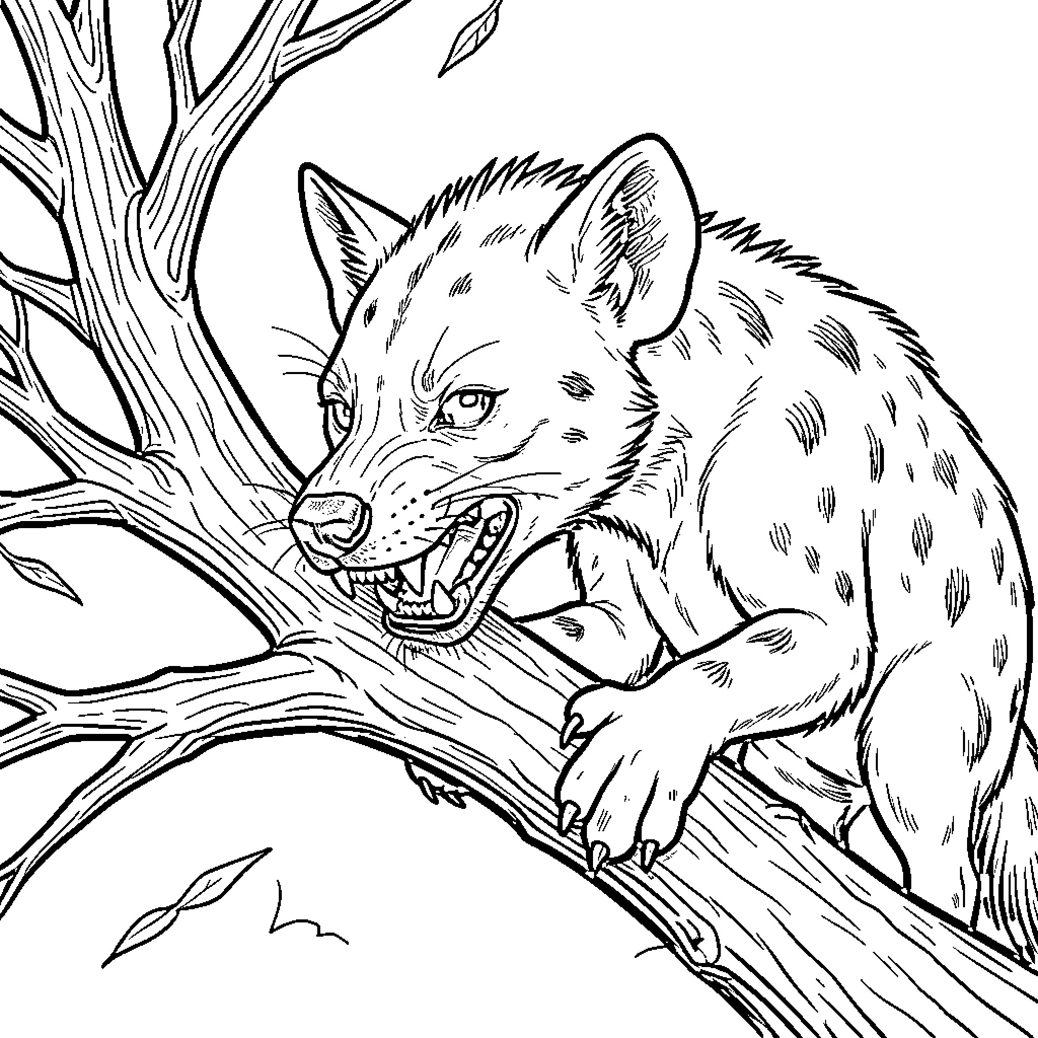 Hyena snarling while perched on a tree branch Coloring Page (free black-and-white line drawing printable PDF for all, from beginners to advanced learners, including children, teens, adults, and seniors)