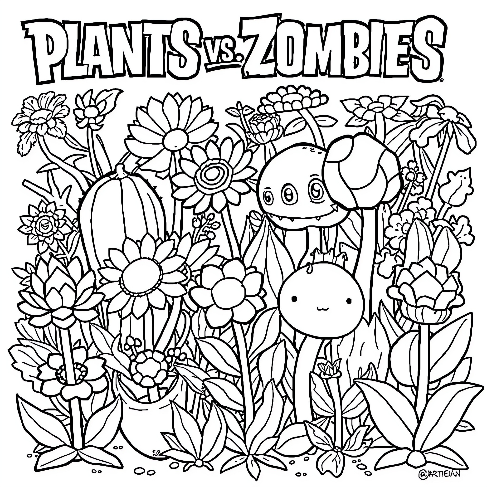 Plantas featuring cheerful plant characters and flowers Coloring Page (free black-and-white line drawing printable PDF for all, from beginners to advanced learners, including children, teens, adults, and seniors)