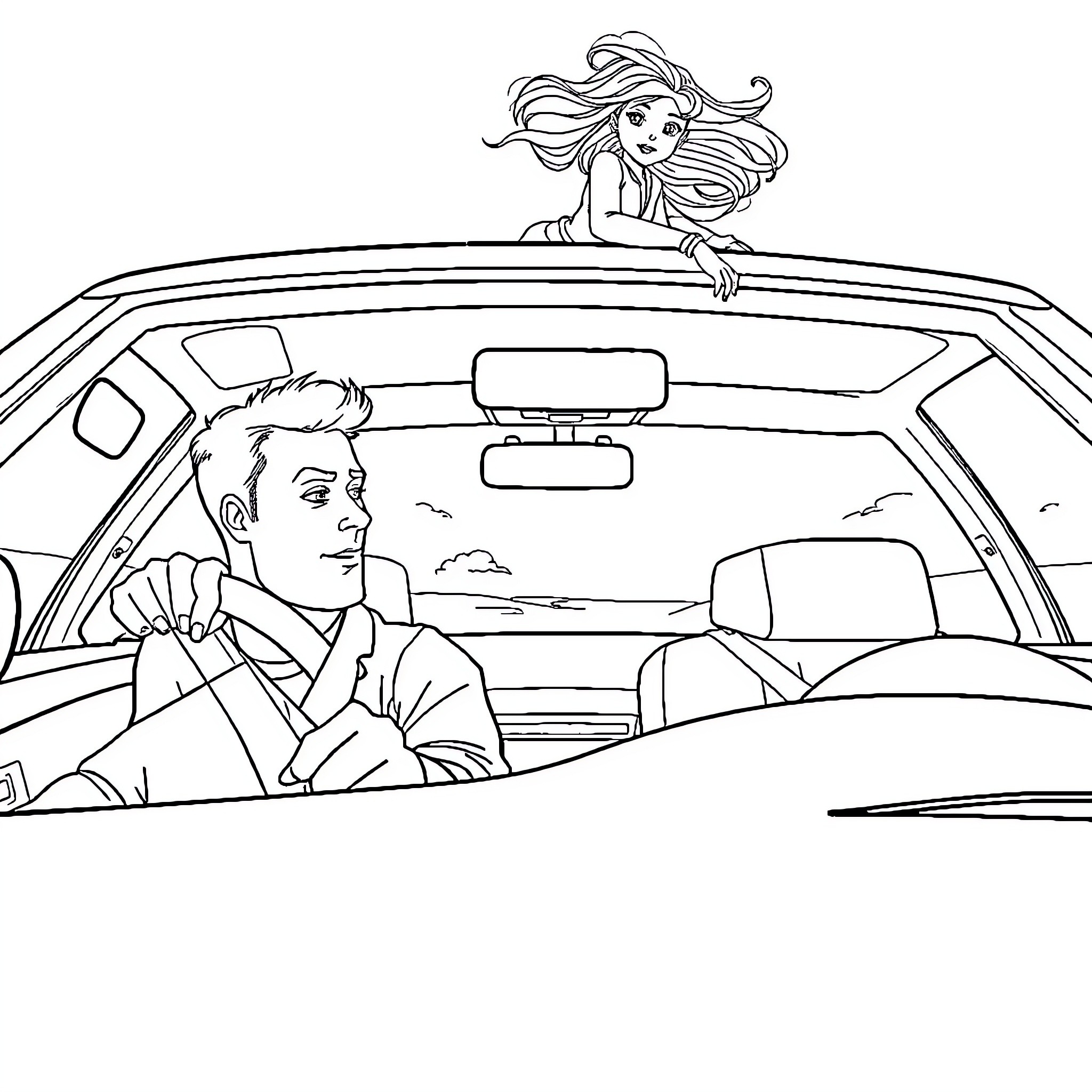 Car ride with a lively companion Coloring Page (free black-and-white line drawing printable PDF for all, from beginners to advanced learners, including children, teens, adults, and seniors)