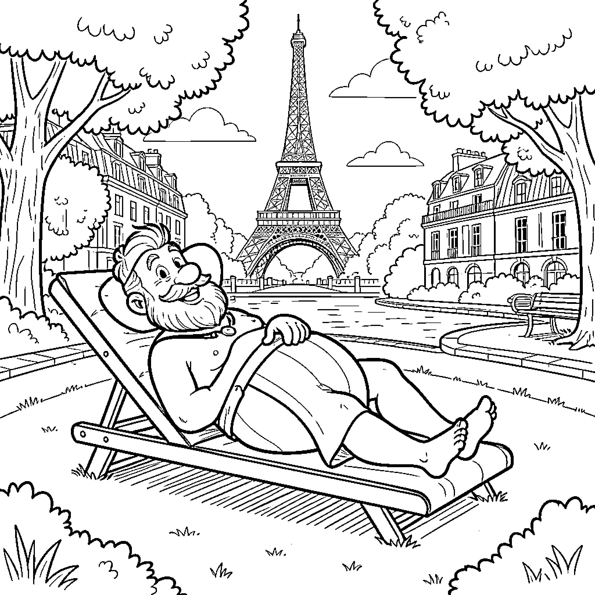 Obelix relaxing on a lounge chair in Paris Coloring Page (free black-and-white line drawing printable PDF for all, from beginners to advanced learners, including children, teens, adults, and seniors)