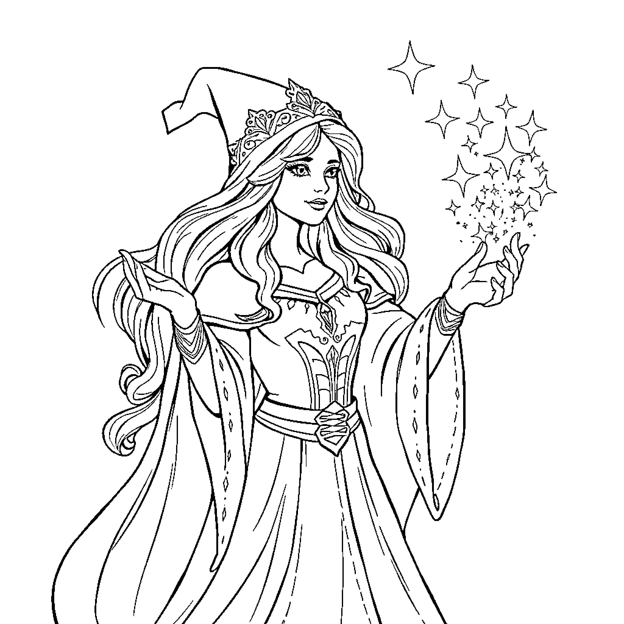 Morgan Lefay casting magical spell with enchanting outfit Coloring Page (free black-and-white line drawing printable PDF for all, from beginners to advanced learners, including children, teens, adults, and seniors)