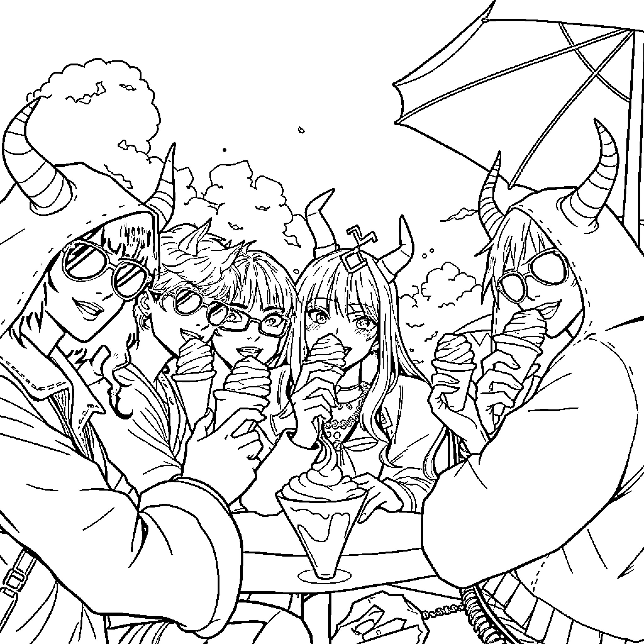 Demon Hunters battle with otherworldly creatures Coloring Page (free black-and-white line drawing printable PDF for all, from beginners to advanced learners, including children, teens, adults, and seniors)