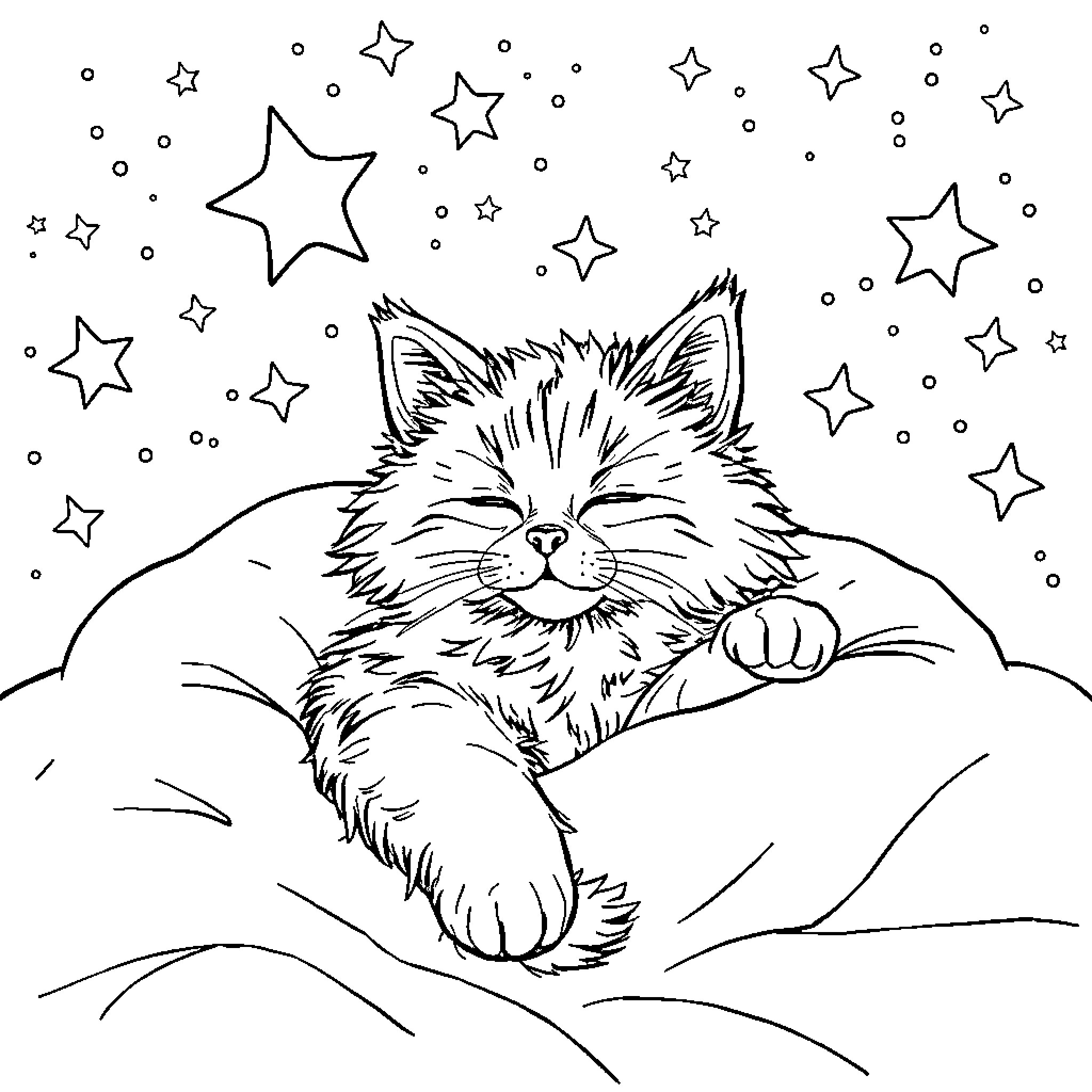 Cat resting under starry sky Coloring Page (free black-and-white line drawing printable PDF for all, from beginners to advanced learners, including children, teens, adults, and seniors)
