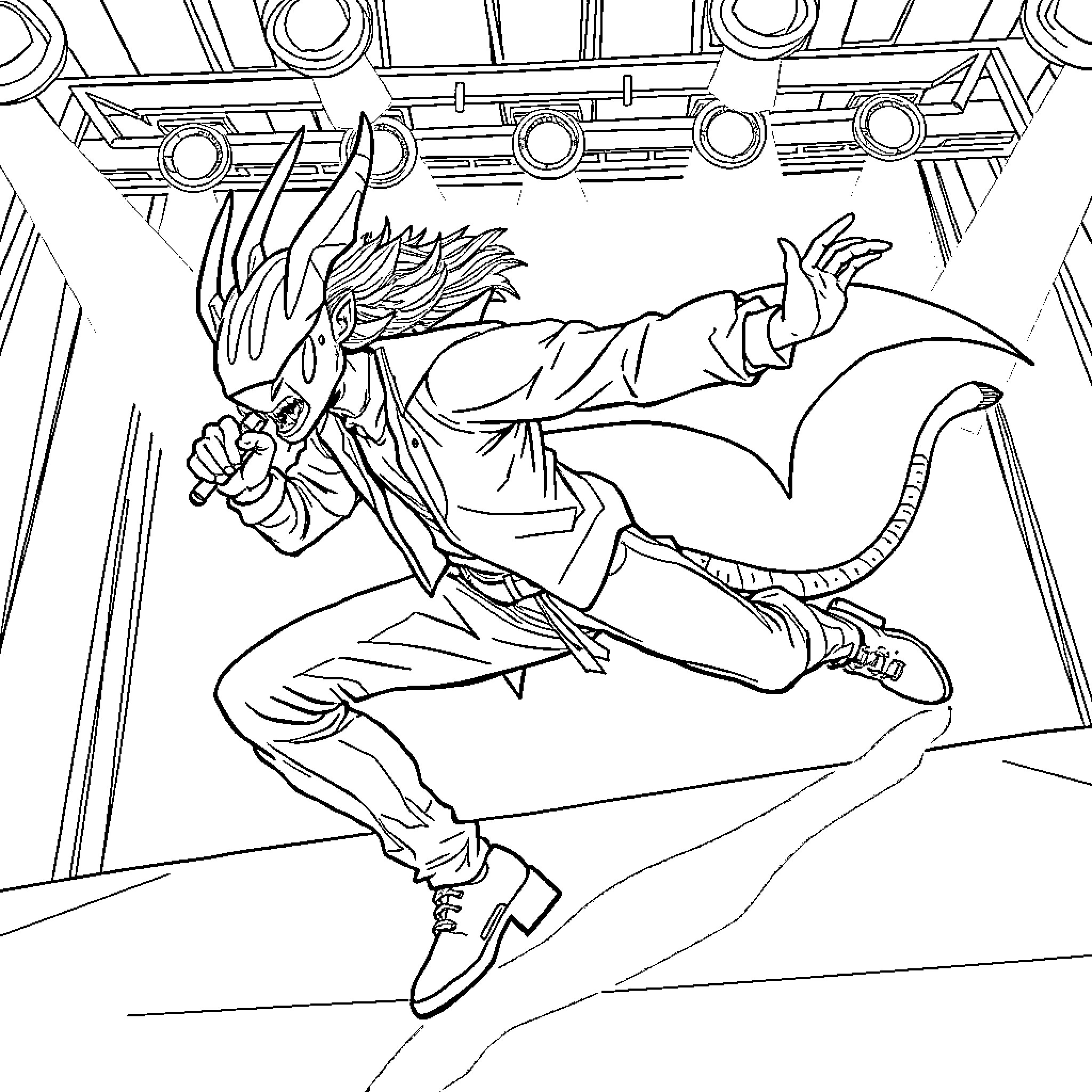 Demon Hunter leaping into action Coloring Page (free black-and-white line drawing printable PDF for all, from beginners to advanced learners, including children, teens, adults, and seniors)