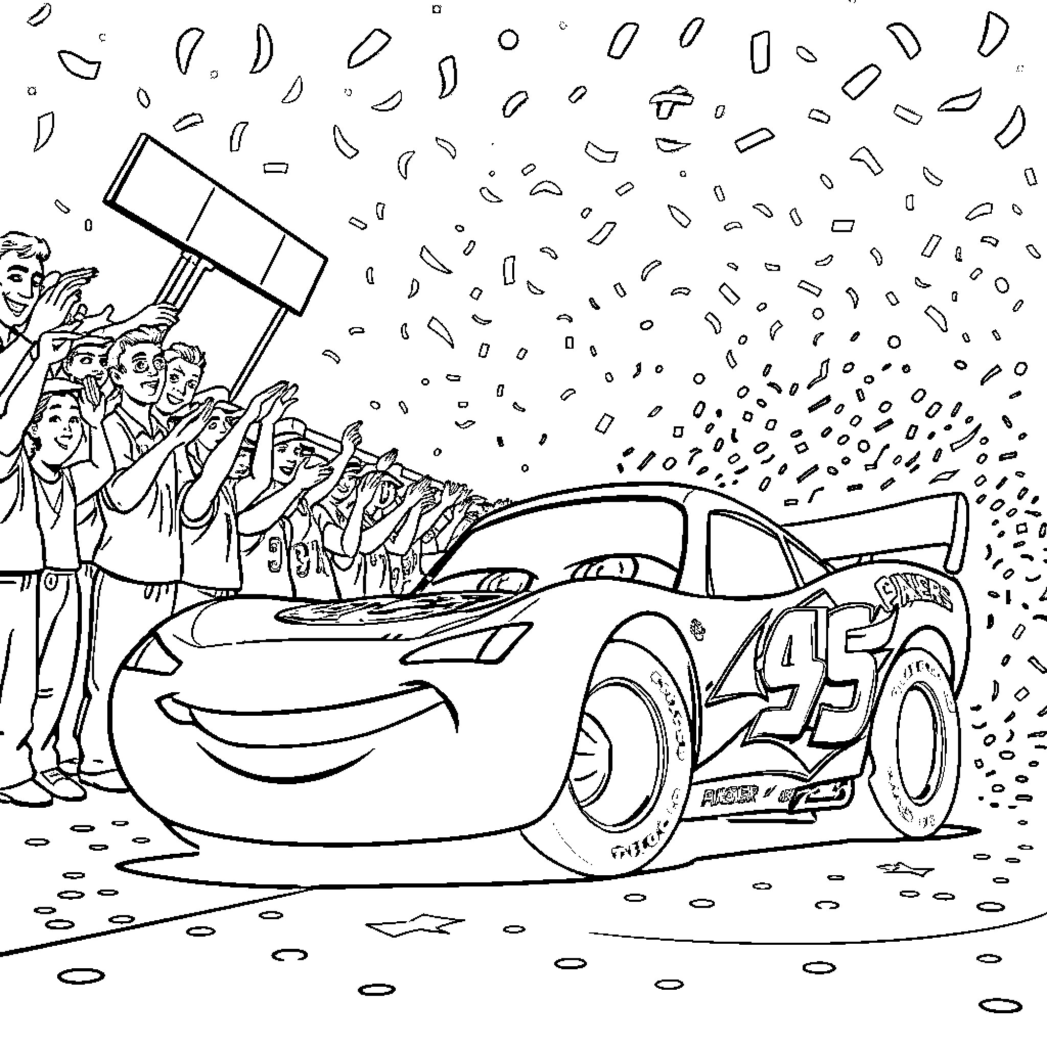 Lightning McQueen races with cheering fans in the background Coloring Page (free black-and-white line drawing printable PDF for all, from beginners to advanced learners, including children, teens, adults, and seniors)