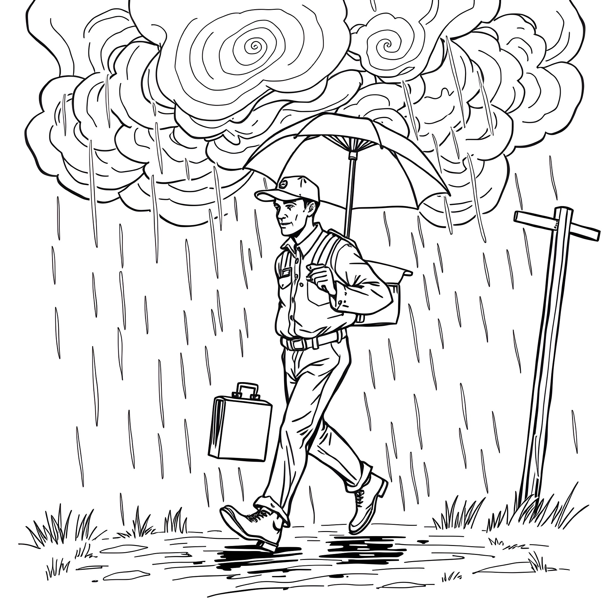 Mail Man braving the stormy weather Coloring Page (free black-and-white line drawing printable PDF for all, from beginners to advanced learners, including children, teens, adults, and seniors)