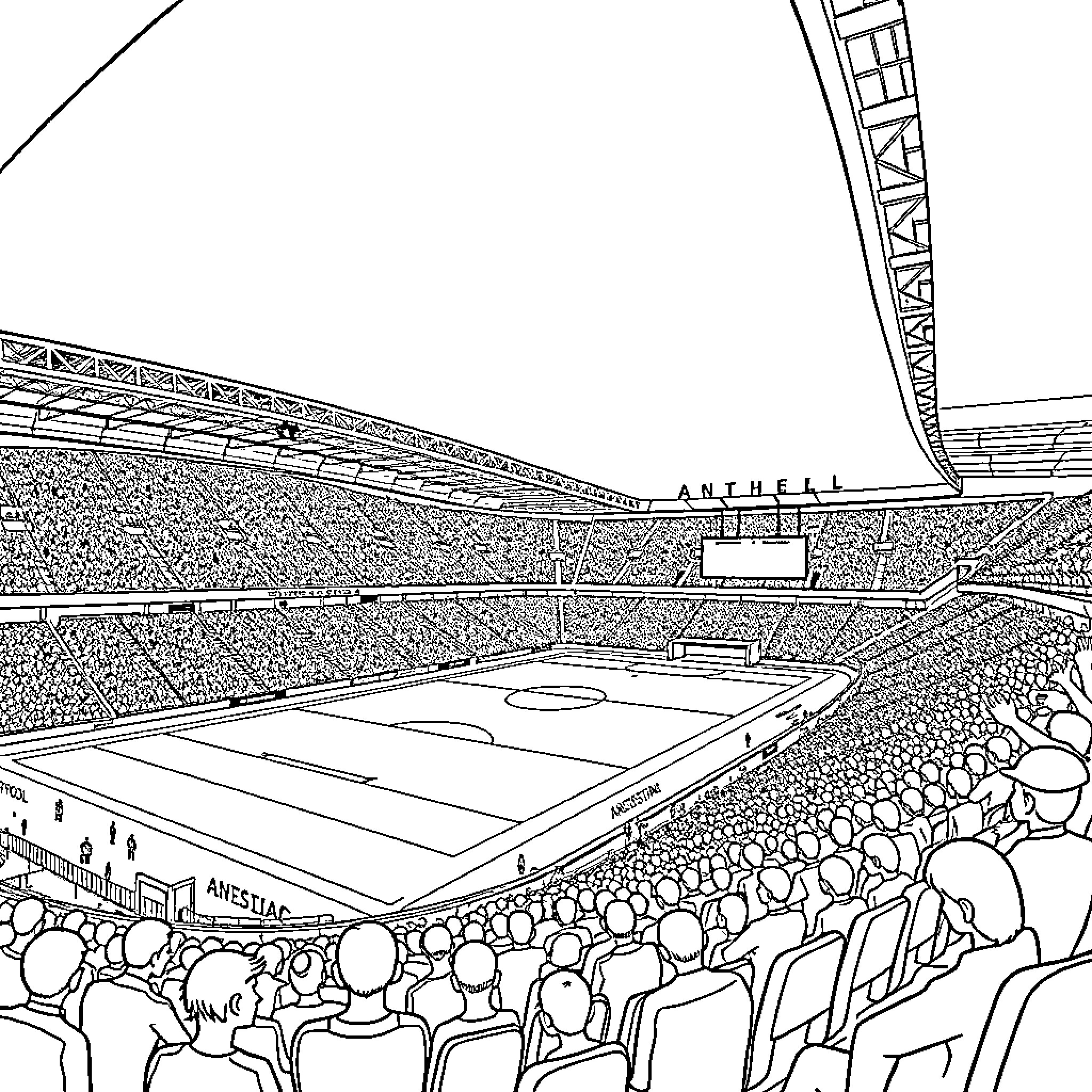 Anfield Stadium Filled with Excited Fans Coloring Page (free black-and-white line drawing printable PDF for all, from beginners to advanced learners, including children, teens, adults, and seniors)