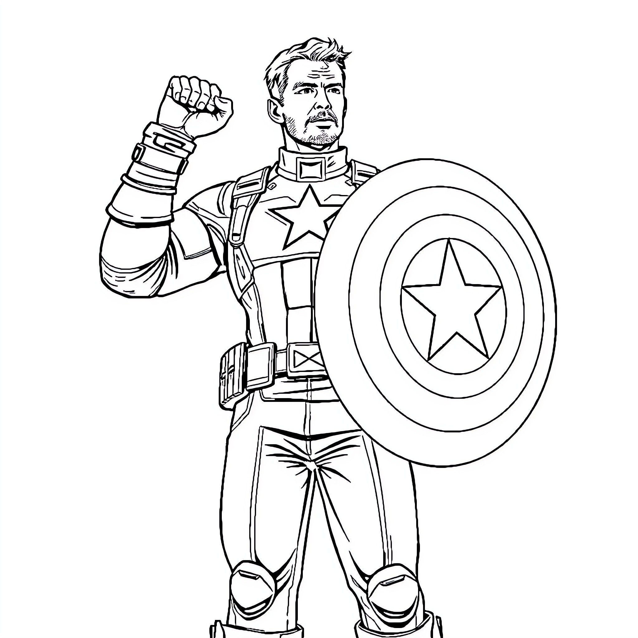 Captain America in heroic pose with shield Coloring Page (free black-and-white line drawing printable PDF for all, from beginners to advanced learners, including children, teens, adults, and seniors)