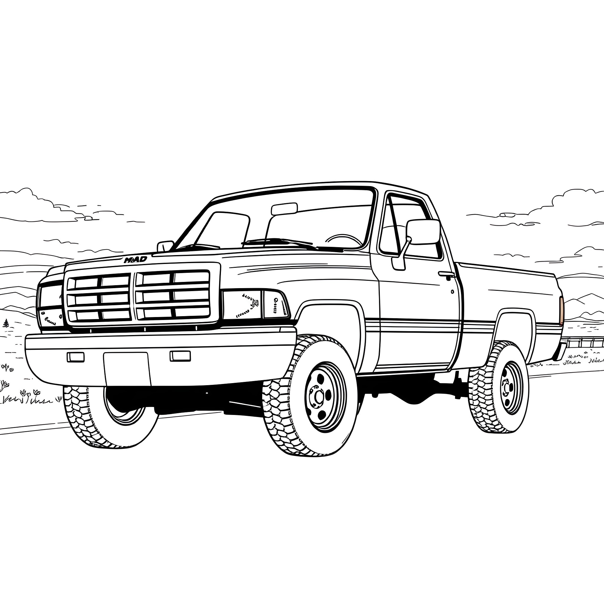 Dodge Ram off-road truck in rugged terrain Coloring Page (free black-and-white line drawing printable PDF for all, from beginners to advanced learners, including children, teens, adults, and seniors)