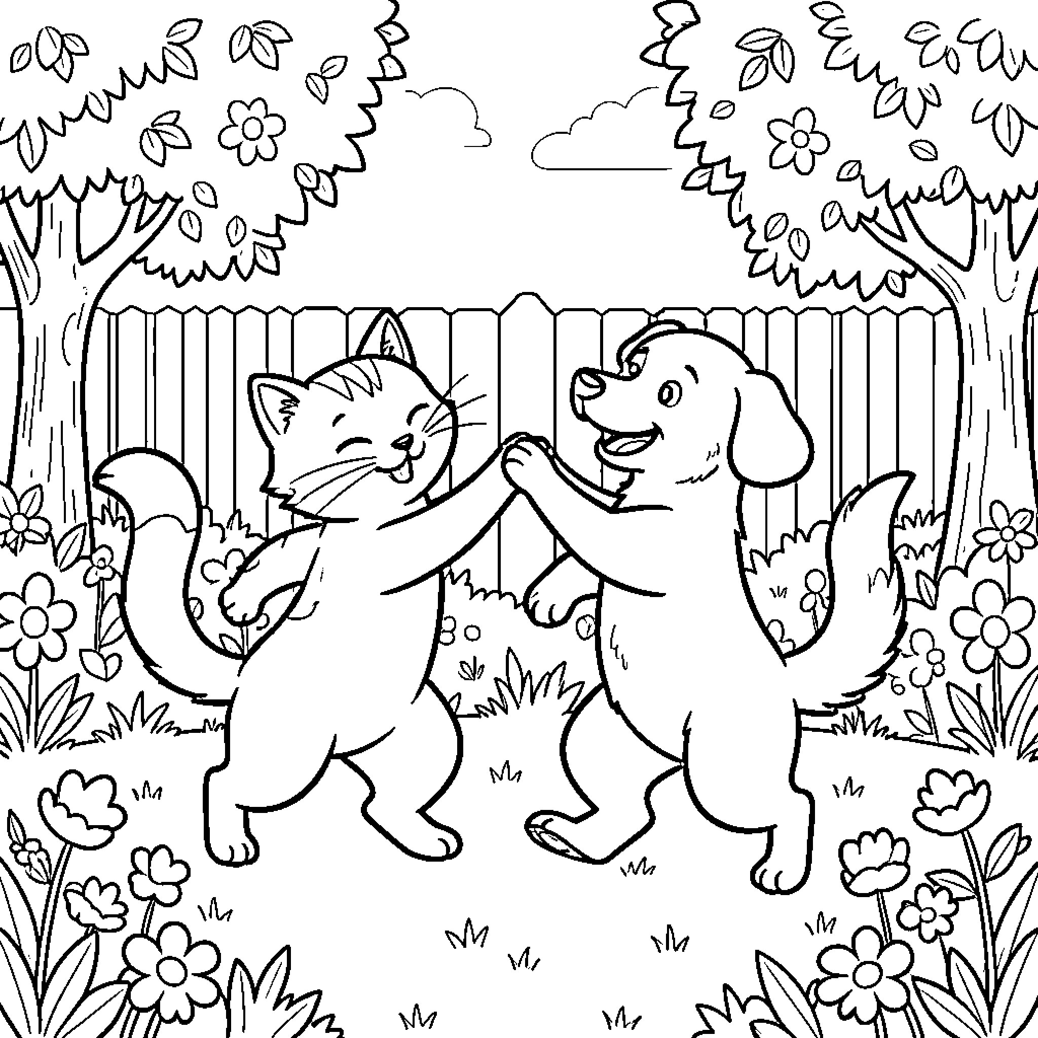 Cat and Dog dancing joyfully in a garden Coloring Page (free black-and-white line drawing printable PDF for all, from beginners to advanced learners, including children, teens, adults, and seniors)